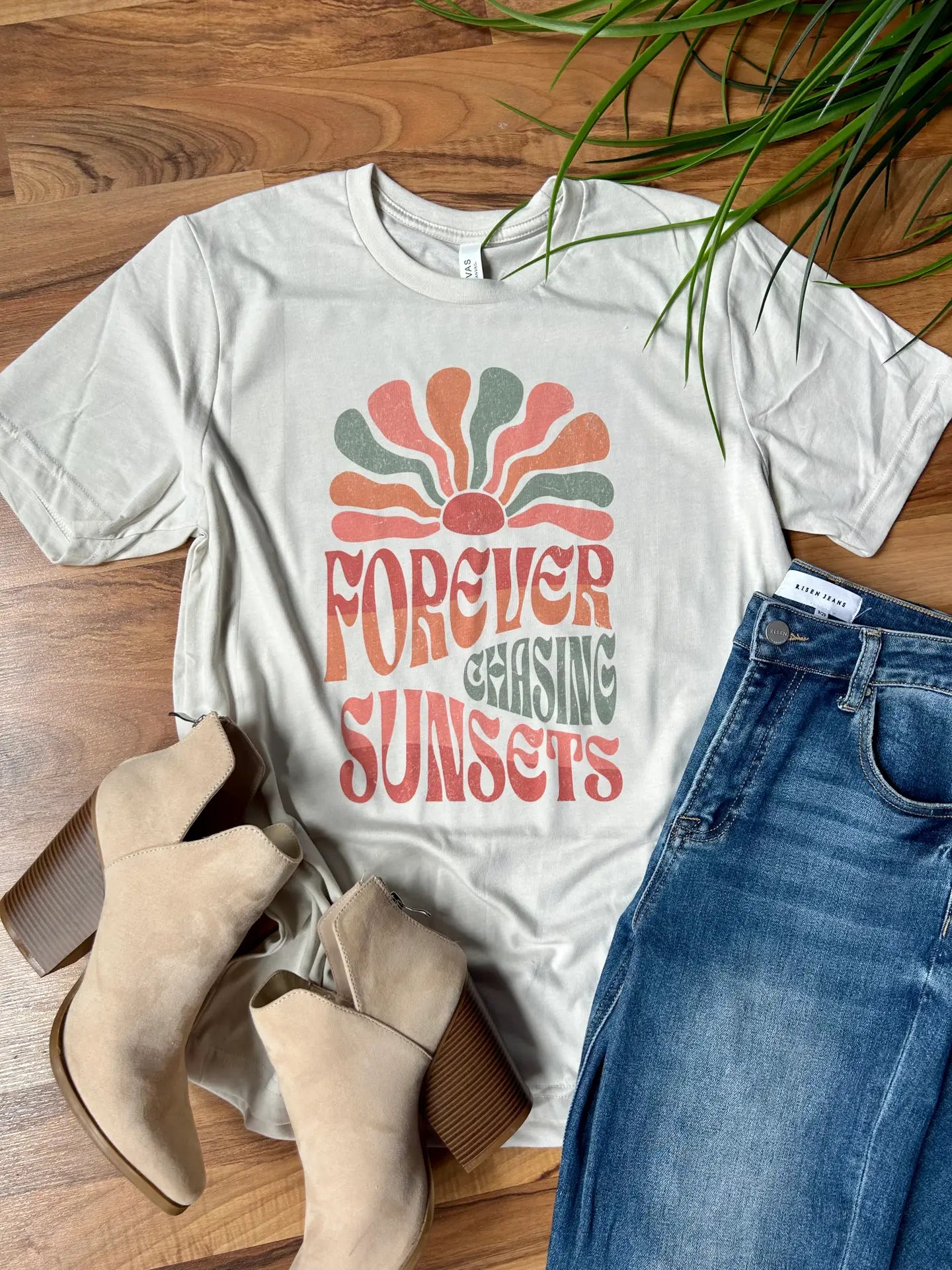 Forever Chasing Sunsets Heather Oatmeal Graphic Tee