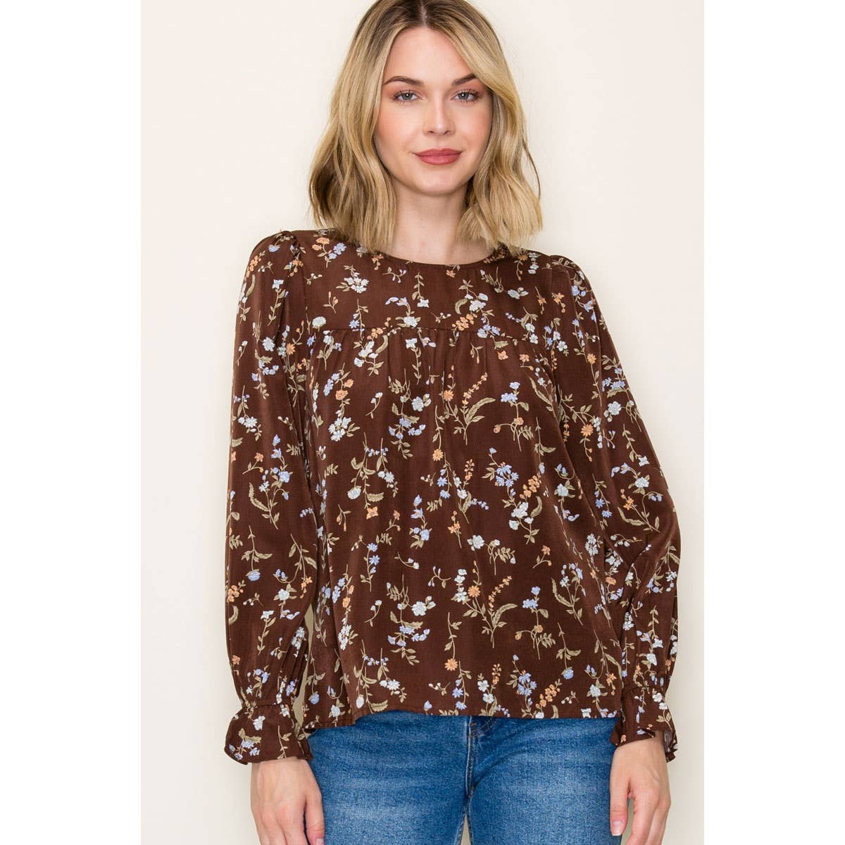 Brown Floral Ruffle Hem Top