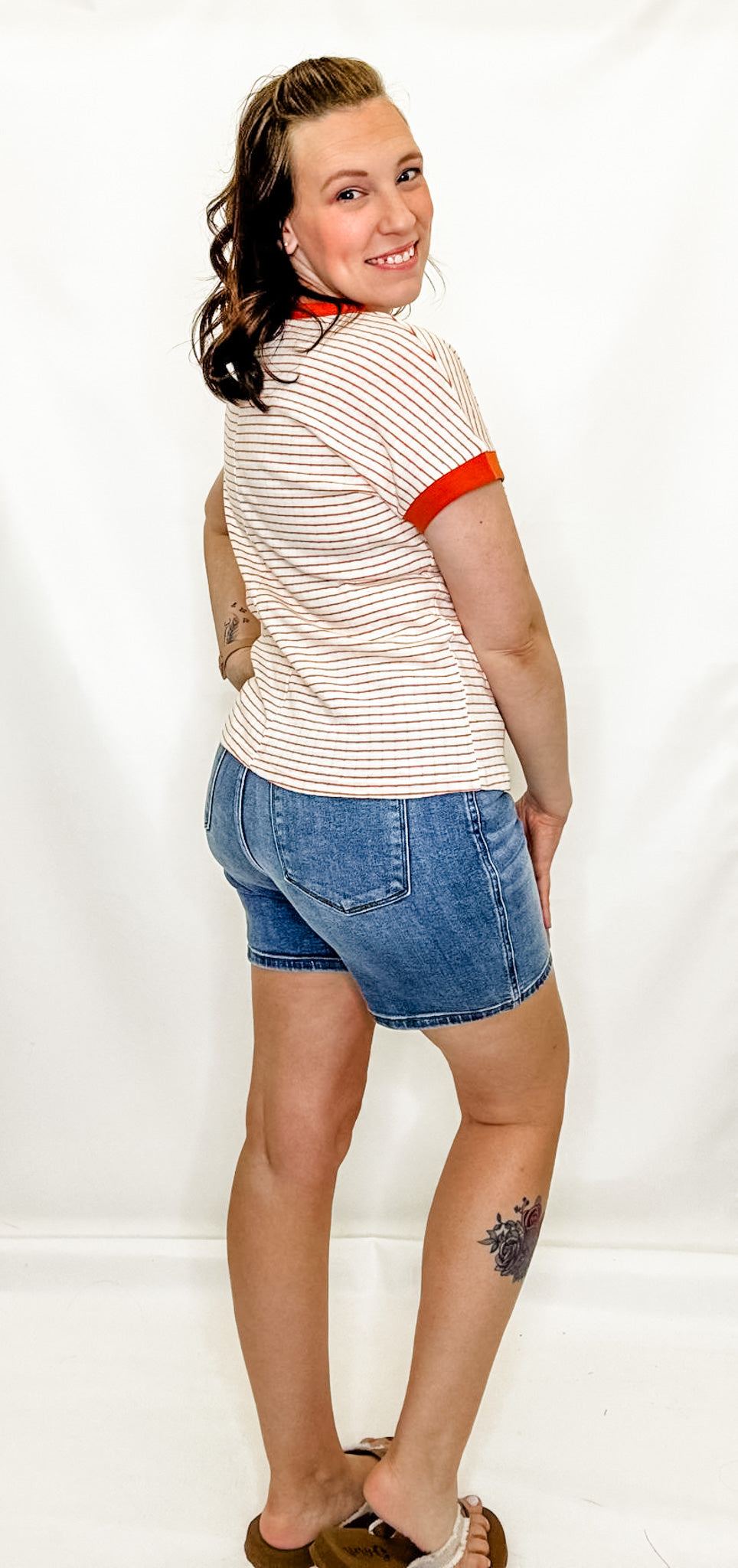Orange & Ivory Striped Short Sleeve Top