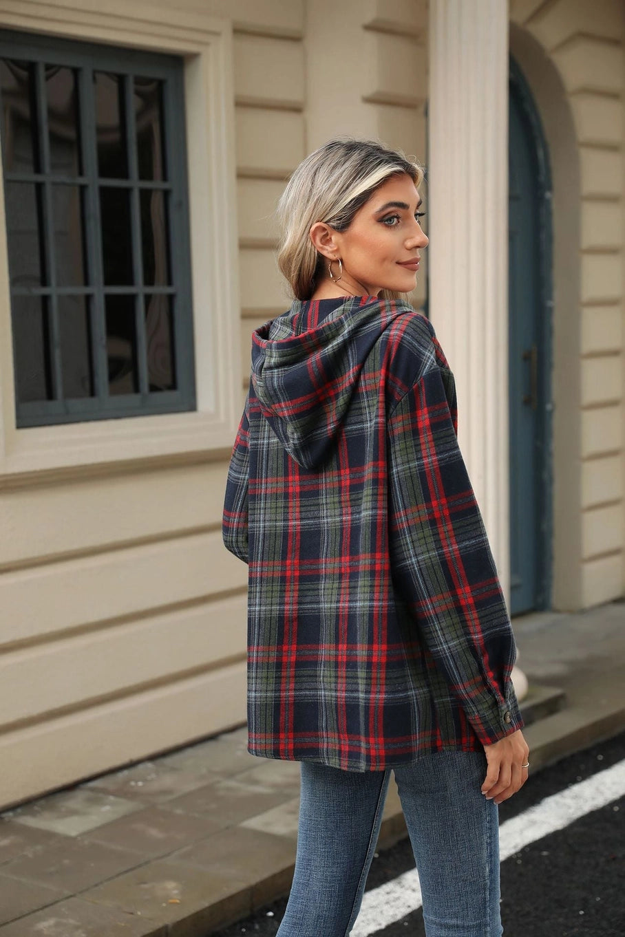 Navy, Green & Red Plaid Hooded Shirt