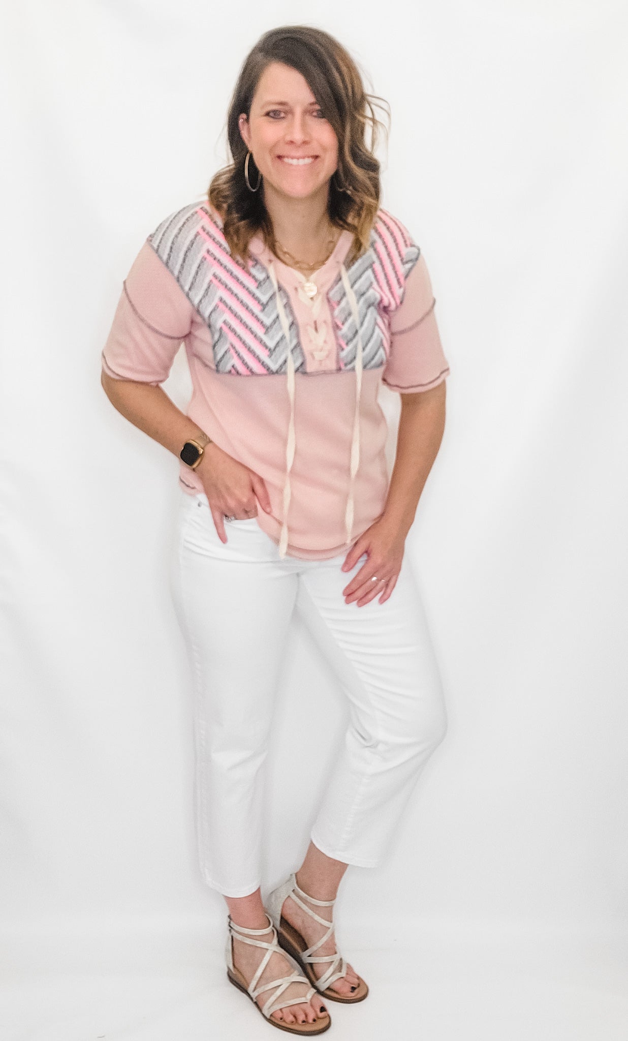 Pink & Gray Textured Short Sleeve