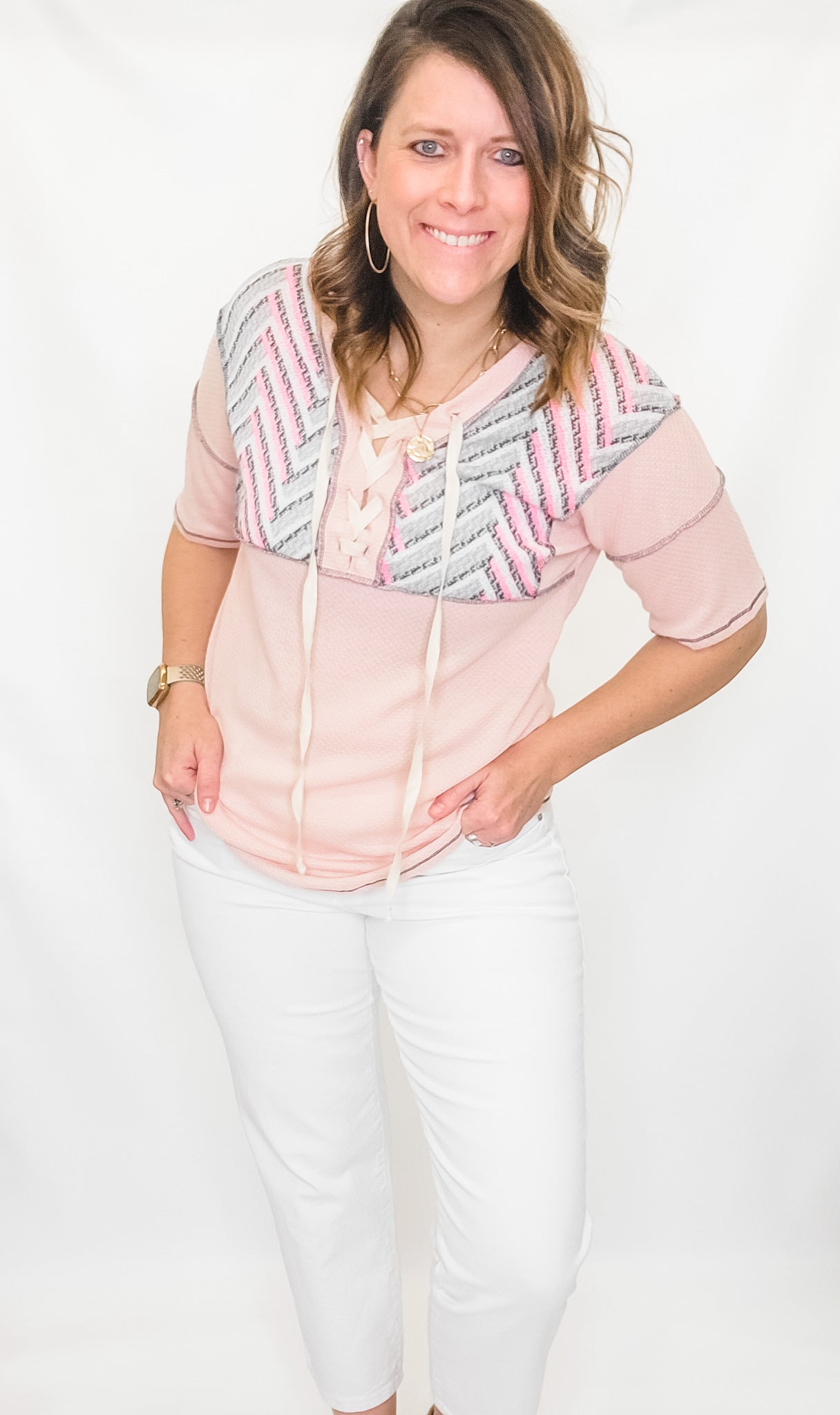 Pink & Gray Textured Short Sleeve