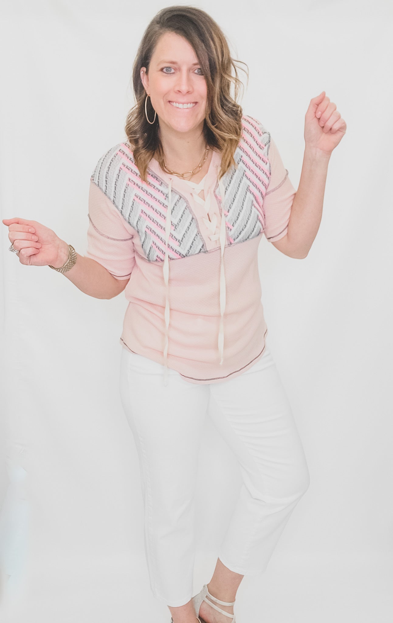 Pink & Gray Textured Short Sleeve