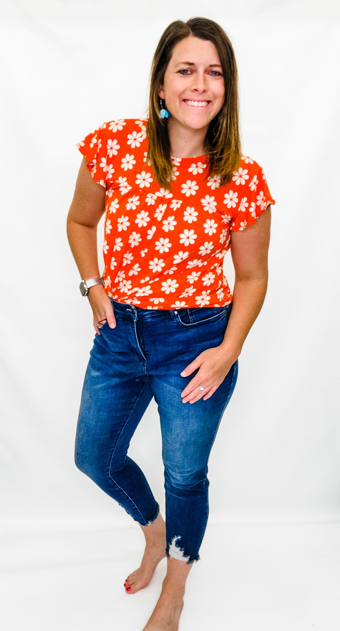 Red Pattern Floral Short Sleeve