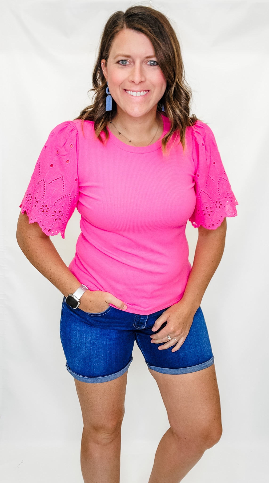 Pink Knit Top with Eyelet Sleeves