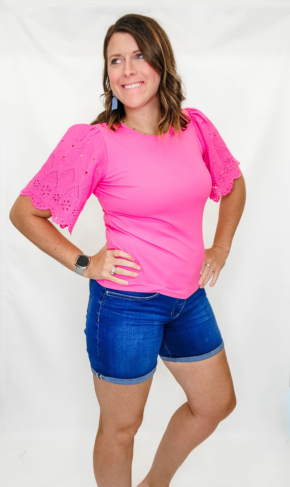 Pink Knit Top with Eyelet Sleeves