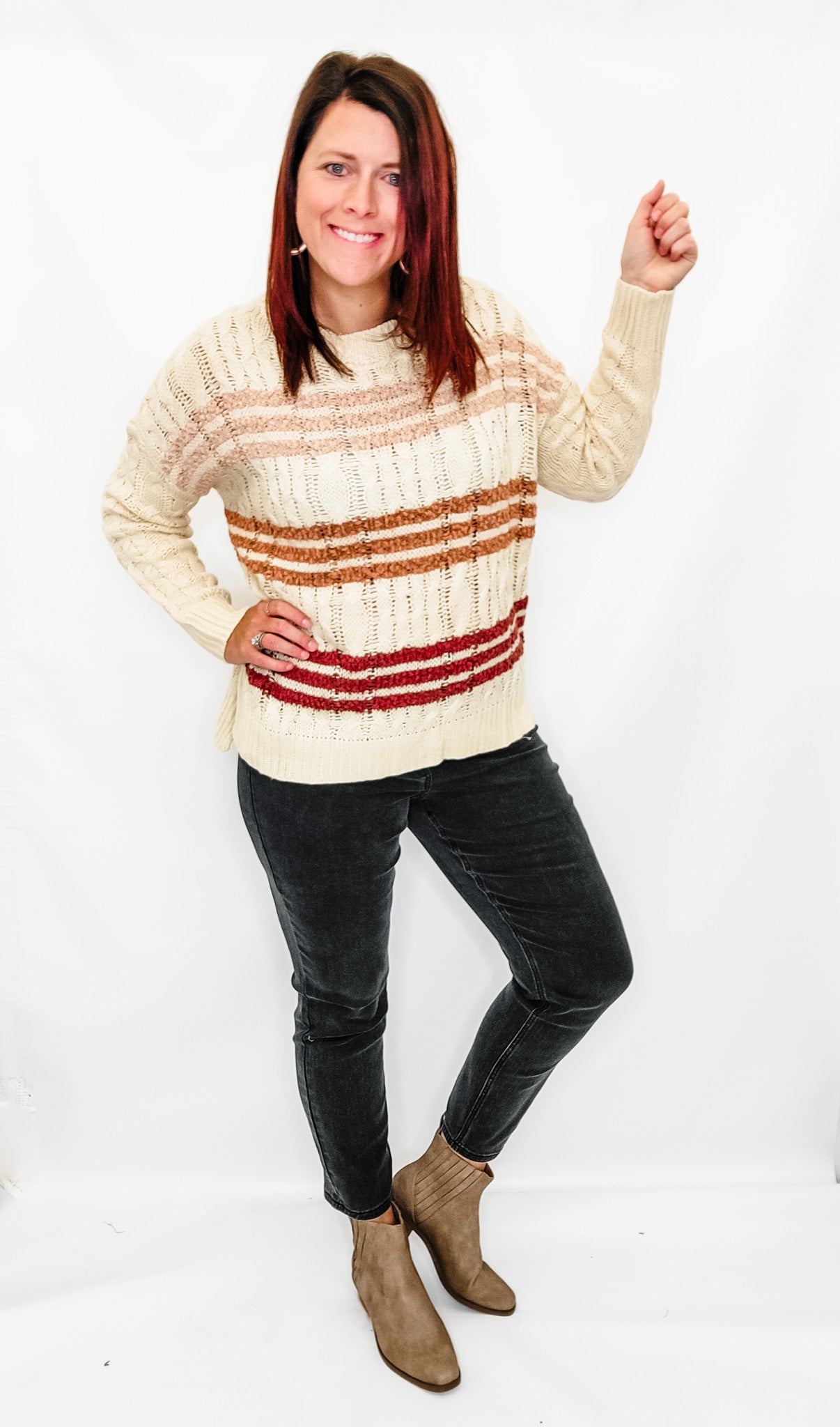 Fall Stripe & Cream Cable Knit Sweater - Extended Only