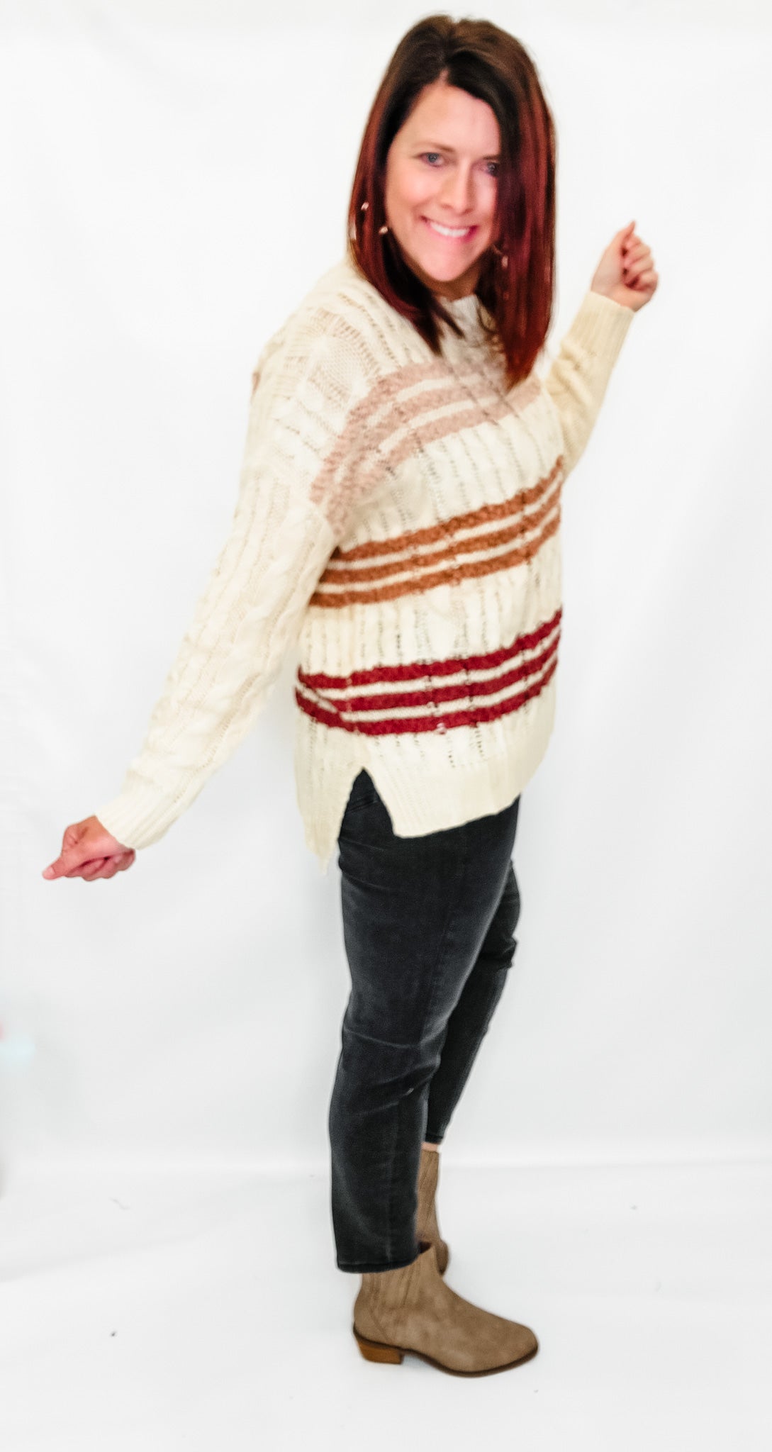 Fall Stripe & Cream Cable Knit Sweater - Extended Only