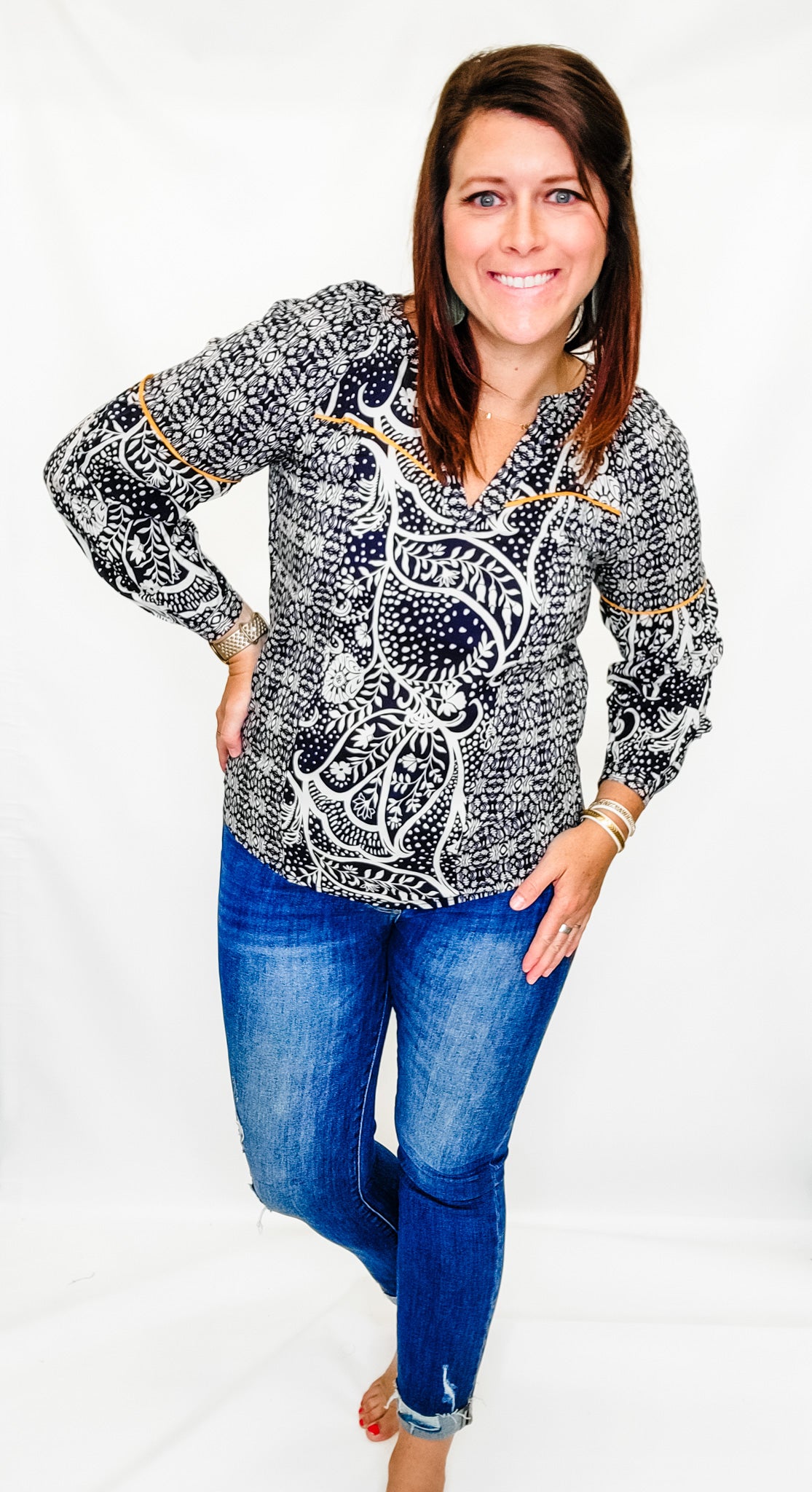 Tribal Sapphire Blue & Mustard Pattern Blouse