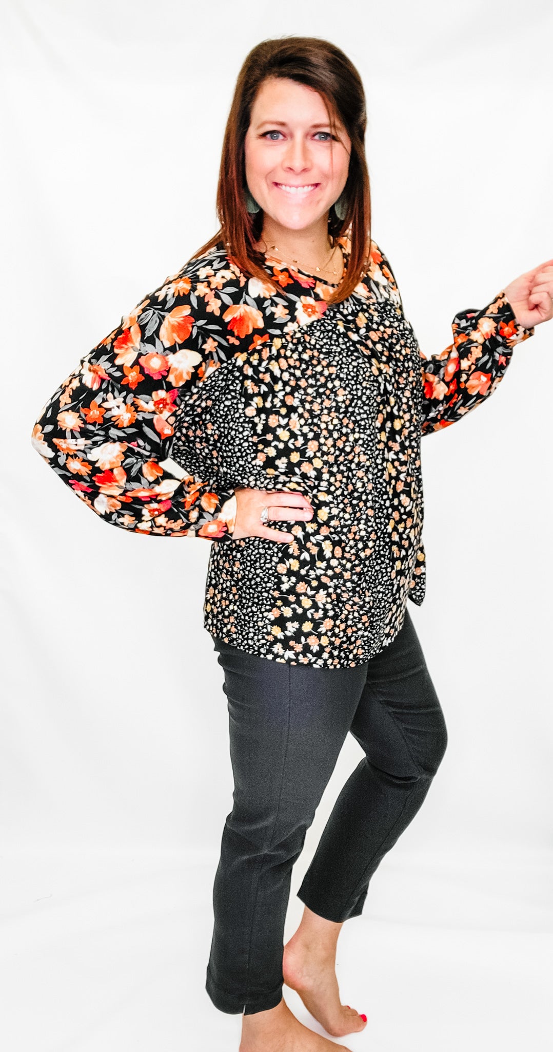 Black & Orange Floral V-neck Long Sleeve - Extended Only