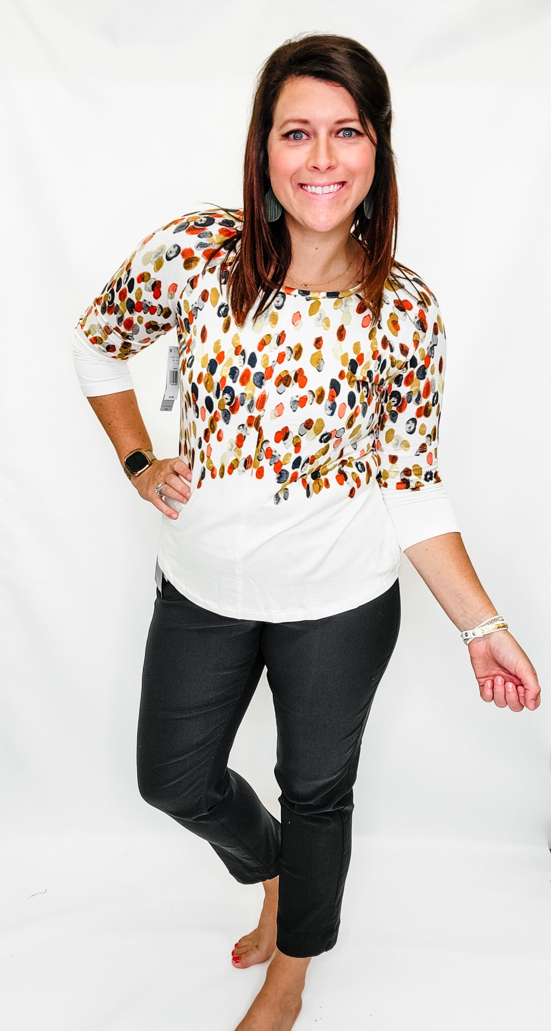 Multiples 3/4 Sleeve Cream & Dot Top