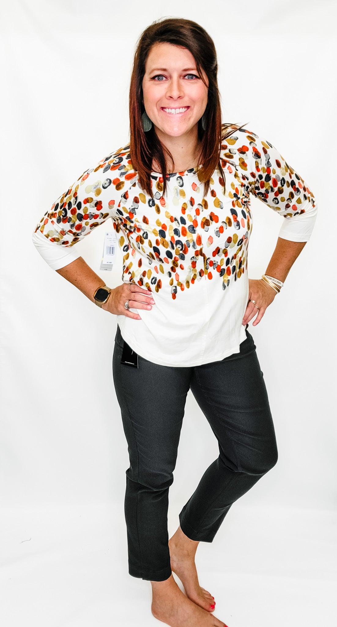 Multiples 3/4 Sleeve Cream & Dot Top