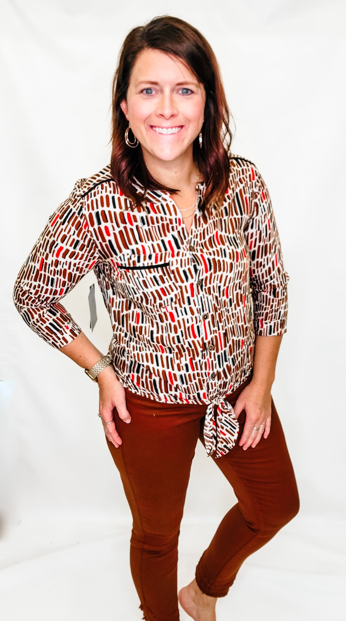 Multiples Brown Printed 3/4 Sleeve Top with Tie