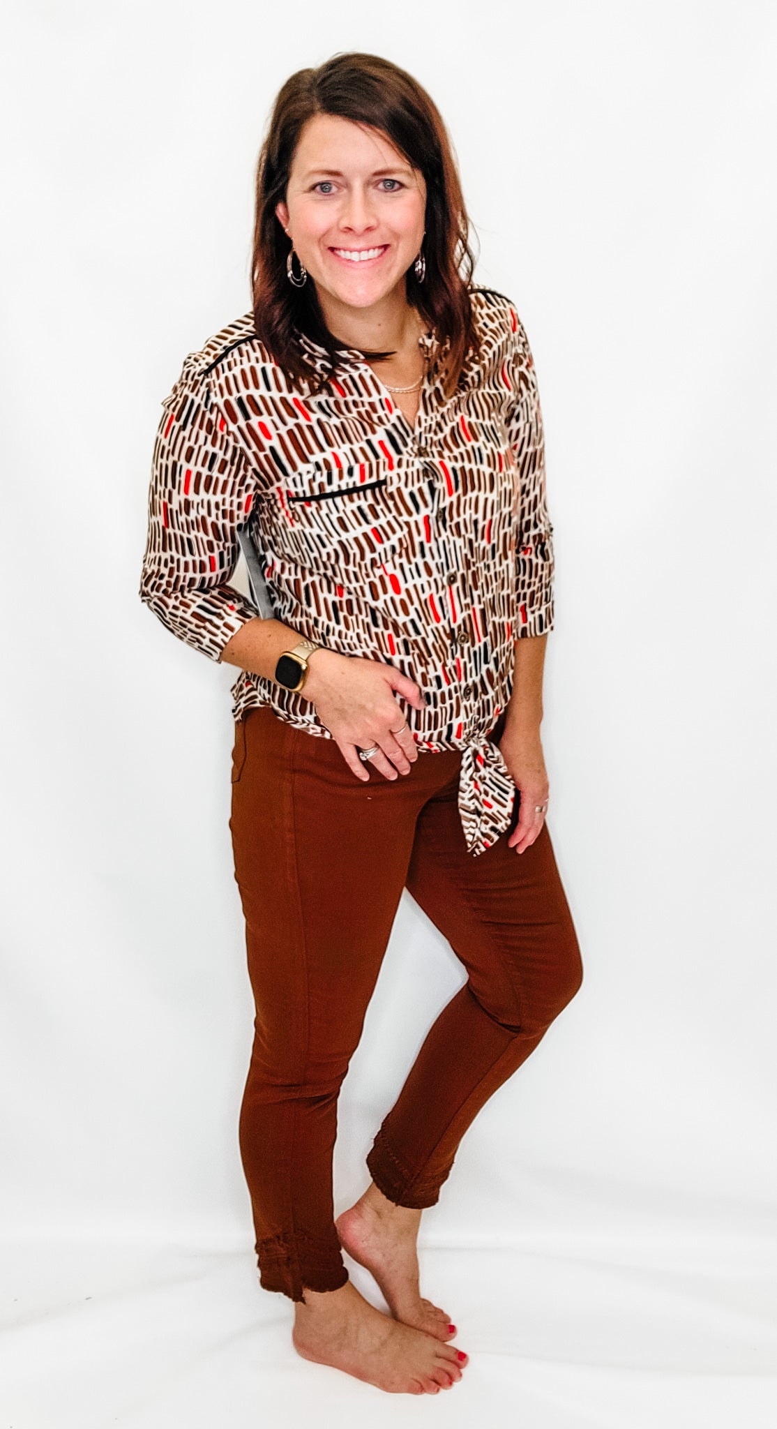 Multiples Brown Printed 3/4 Sleeve Top with Tie