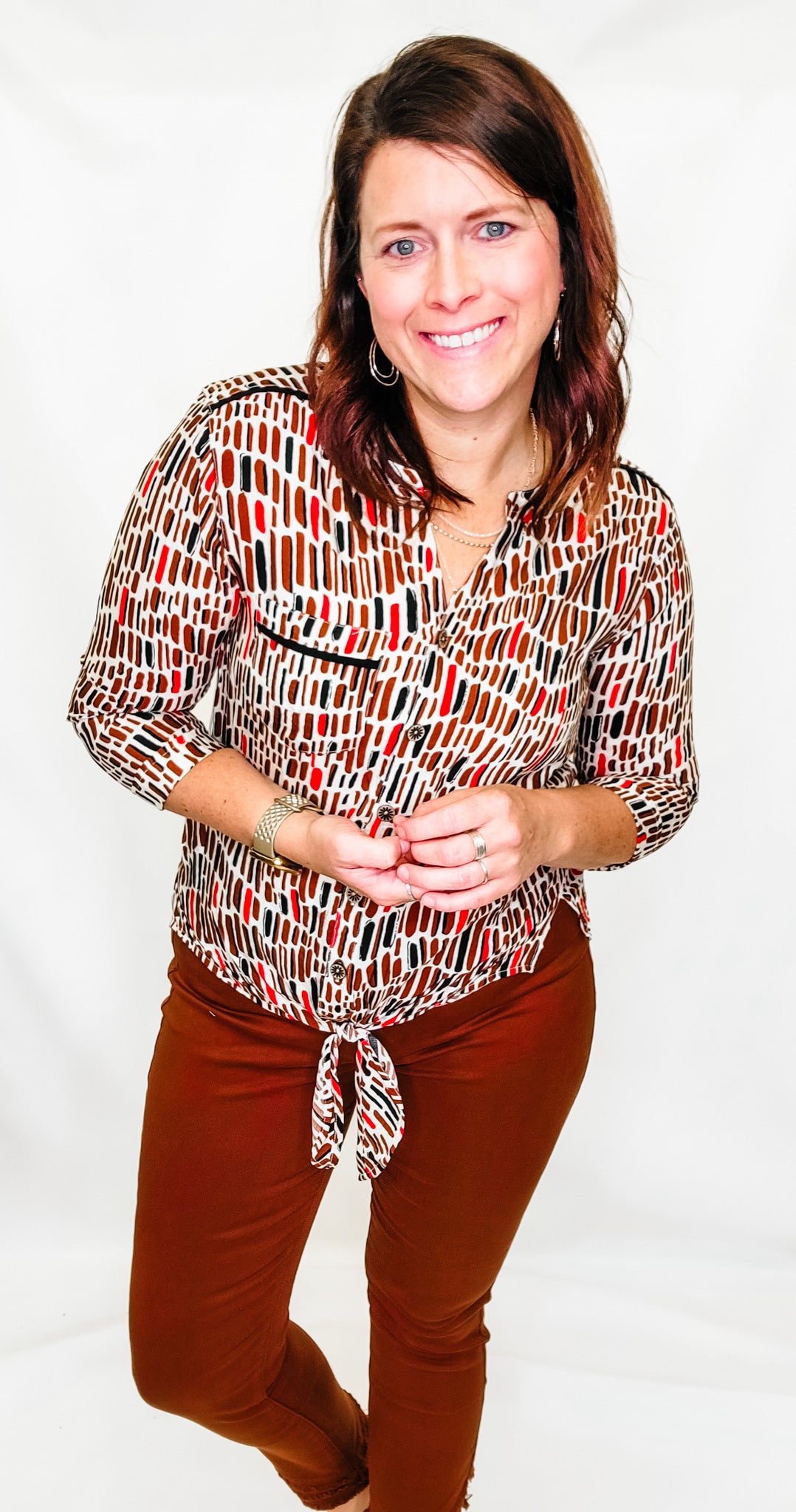 Multiples Brown Printed 3/4 Sleeve Top with Tie