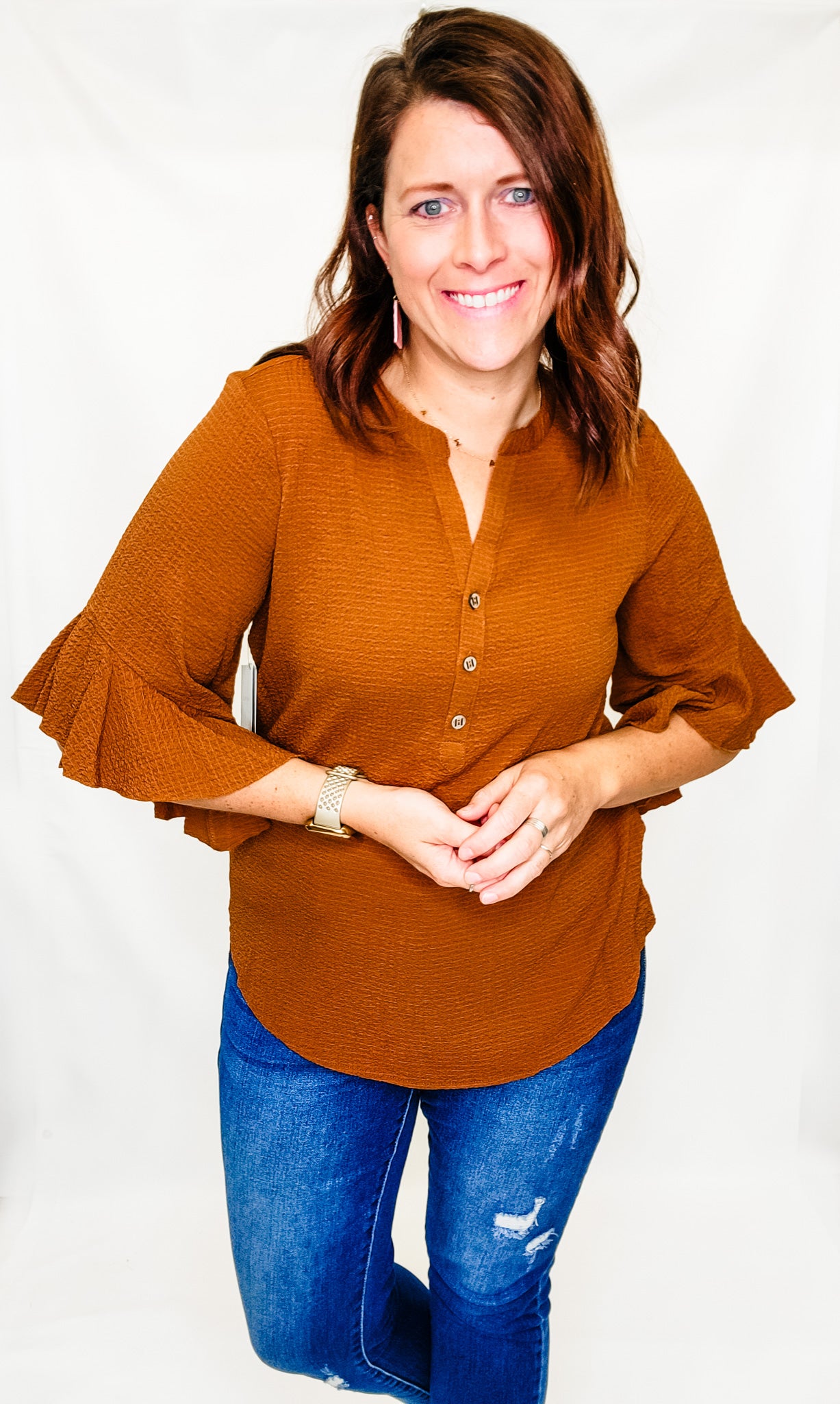 Multiples October Rust 3/4 Ruffle Sleeve Top