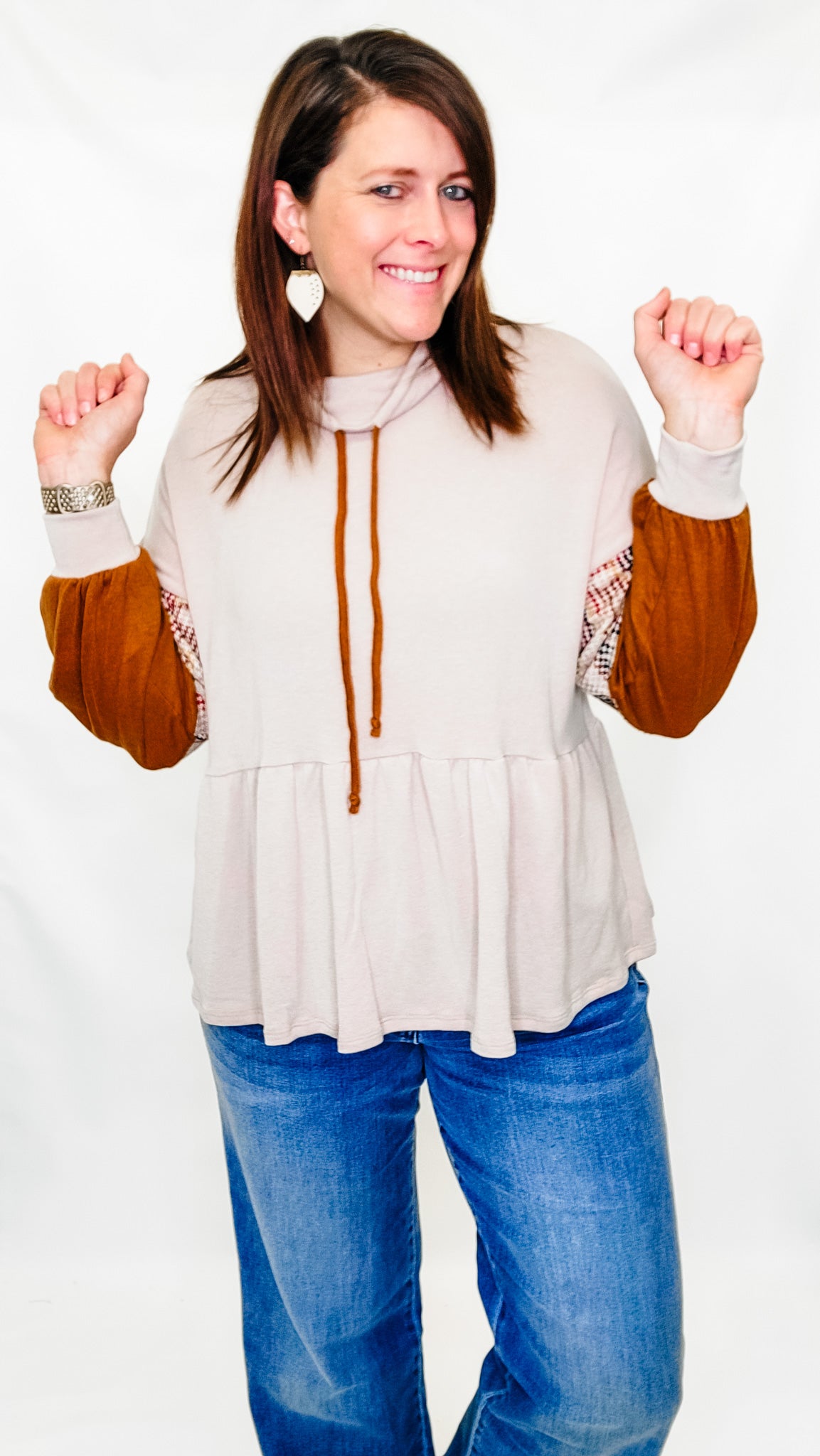 Taupe & Rust Cowl Neck Top with Ruffle