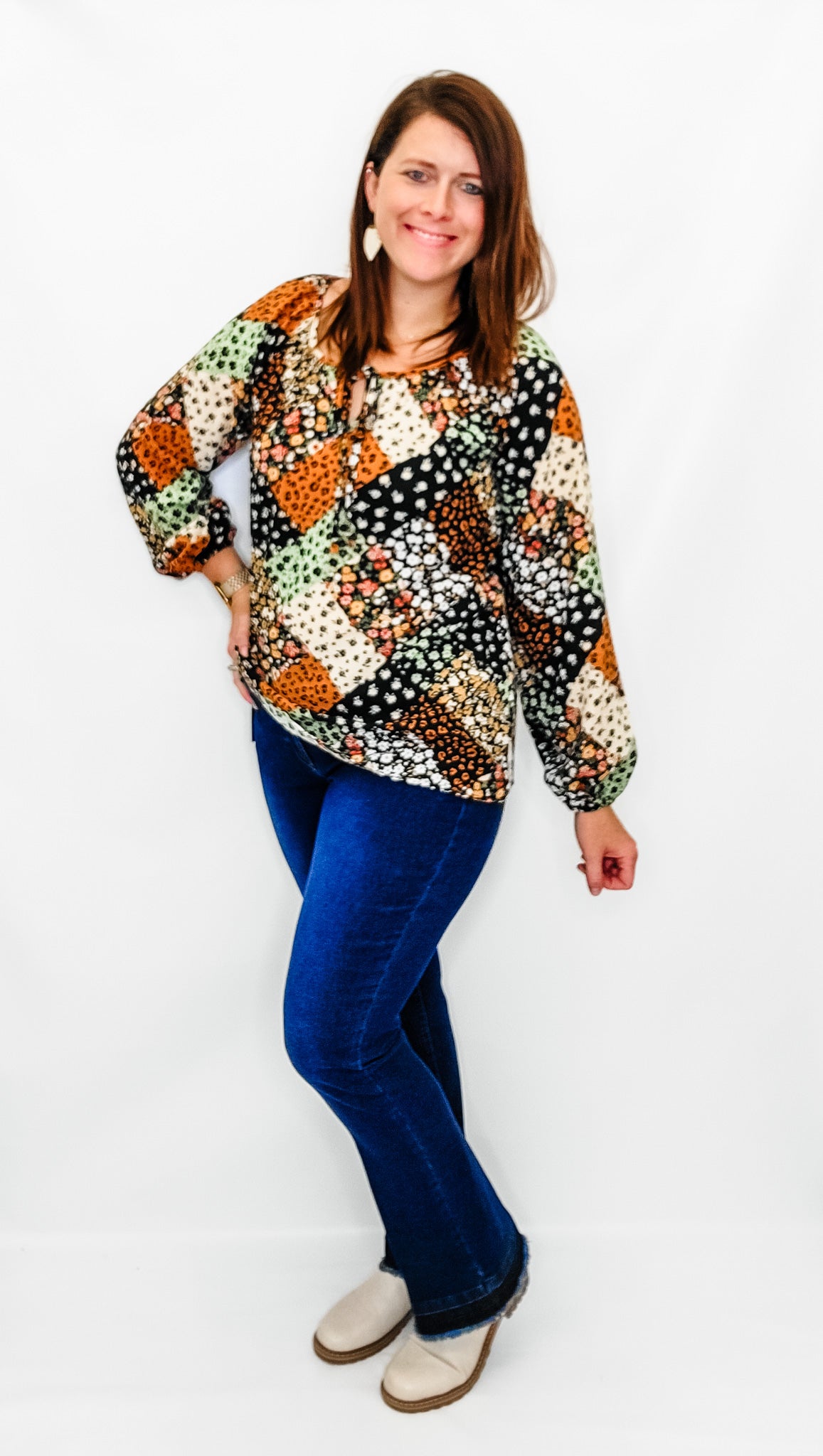 Black & Olive Boho Floral Patchwork Long Sleeve
