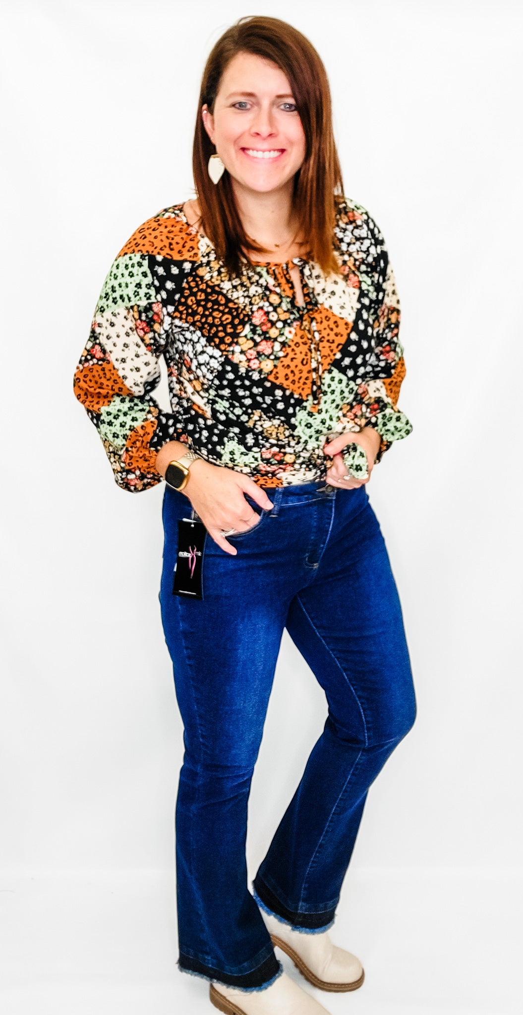 Black & Olive Boho Floral Patchwork Long Sleeve