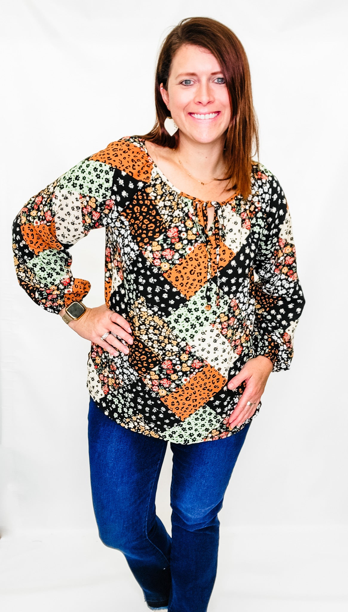 Black & Olive Boho Floral Patchwork Long Sleeve