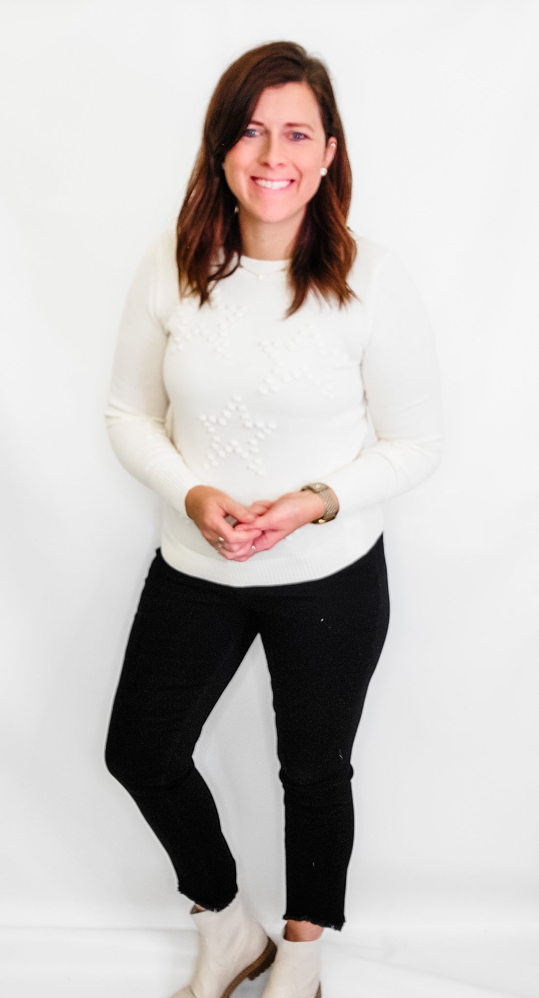 Ivory, Pom Star Crew Neck Sweater