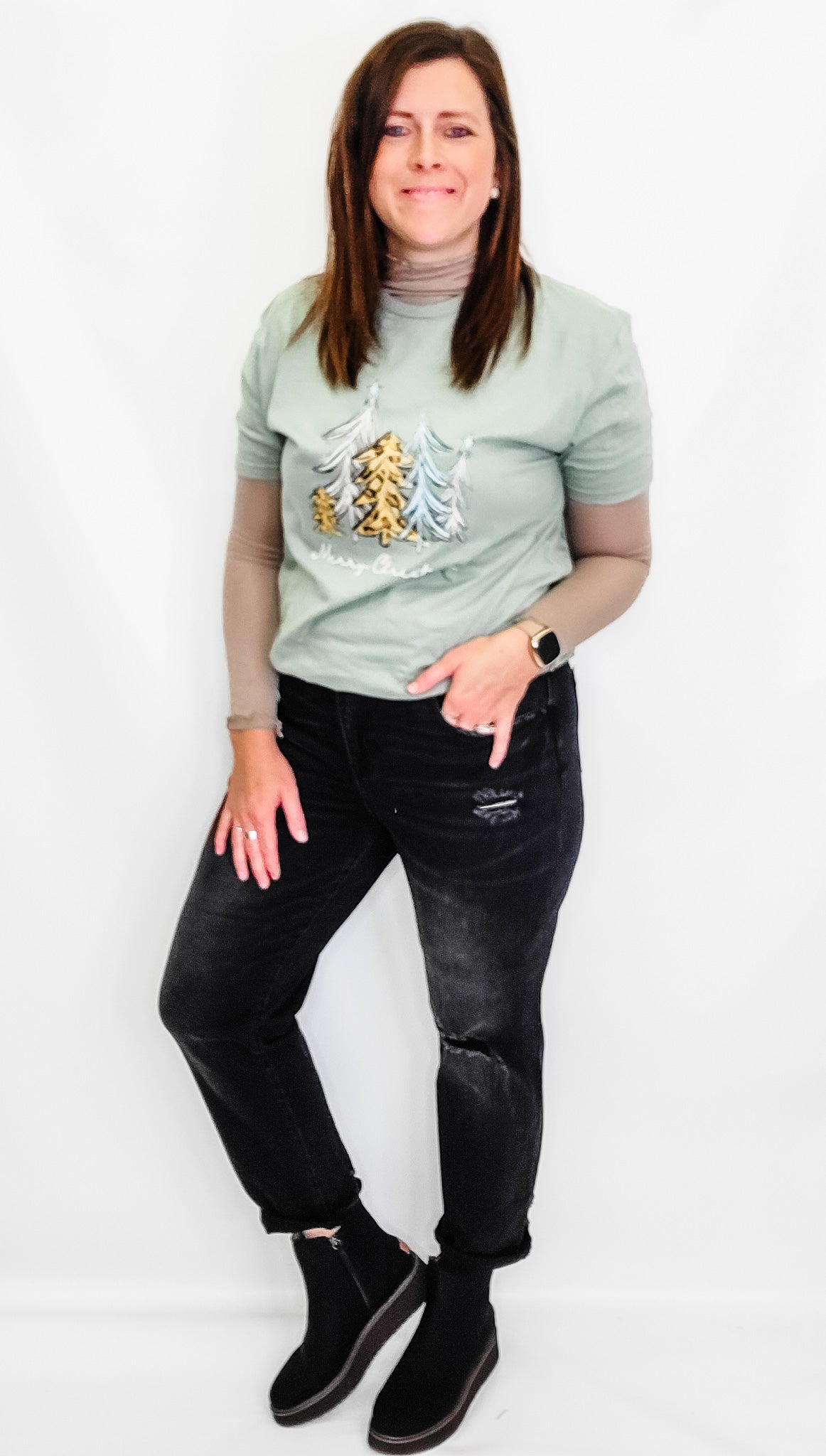 Risen Black Distressed Boyfriend Jeans with Roll Hem - RDP5041