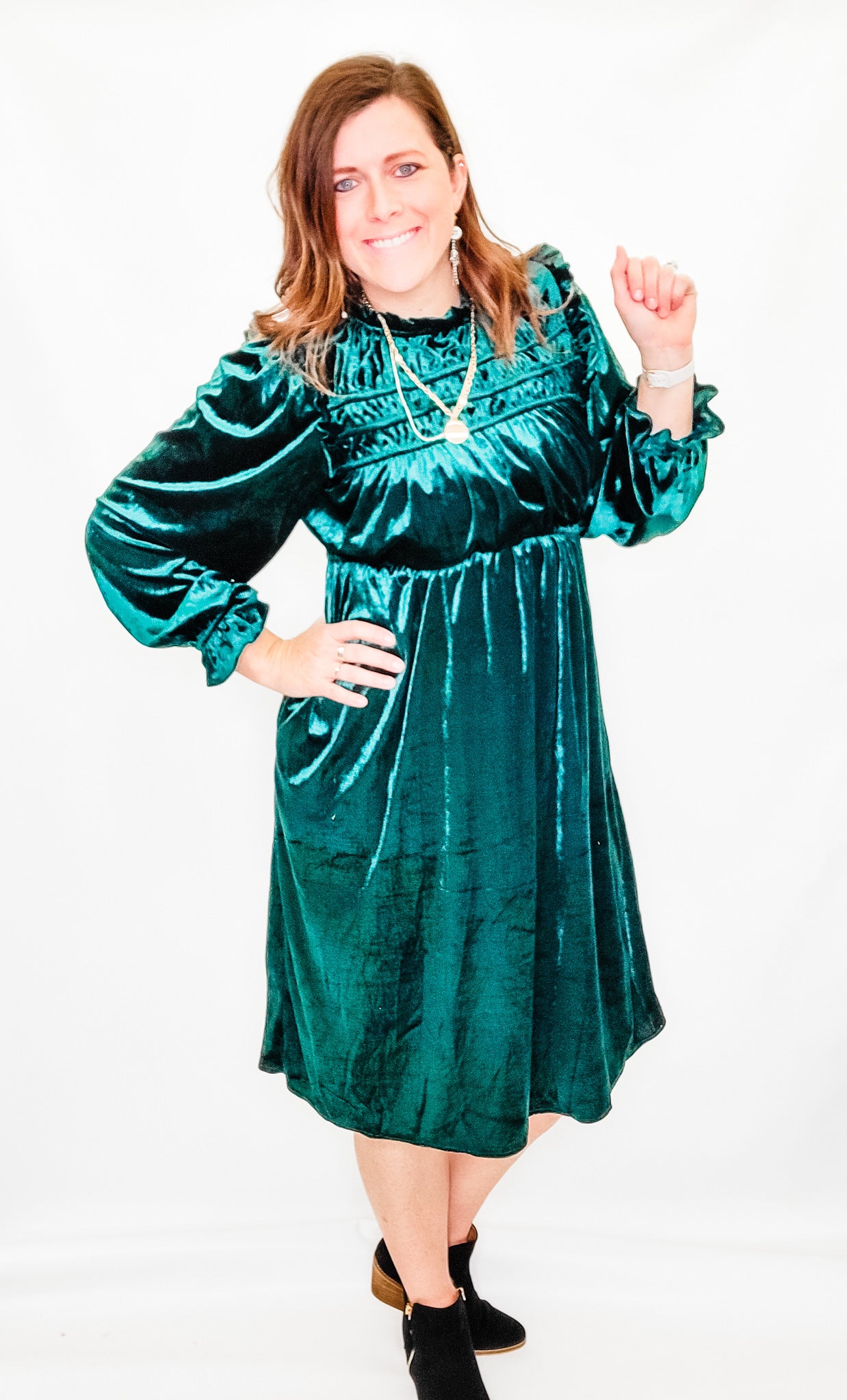 Hunter Green Velvet, Mock Neck Yoked Ruffle Dress Italics Boutique Hunter Green Velvet, Mock Neck Yoked Ruffle Dress Italics Boutique