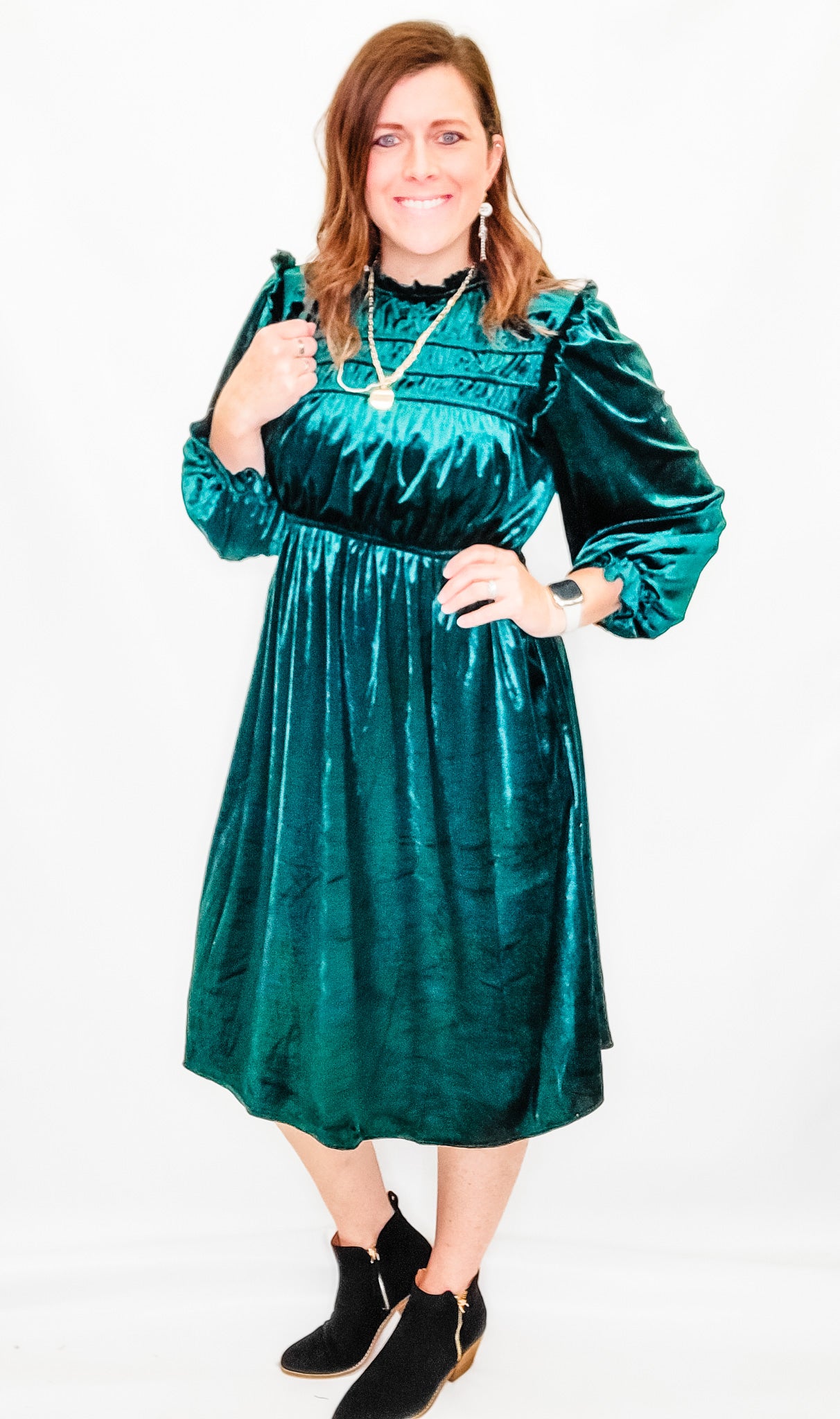 Hunter Green Velvet, Mock Neck Yoked Ruffle Dress