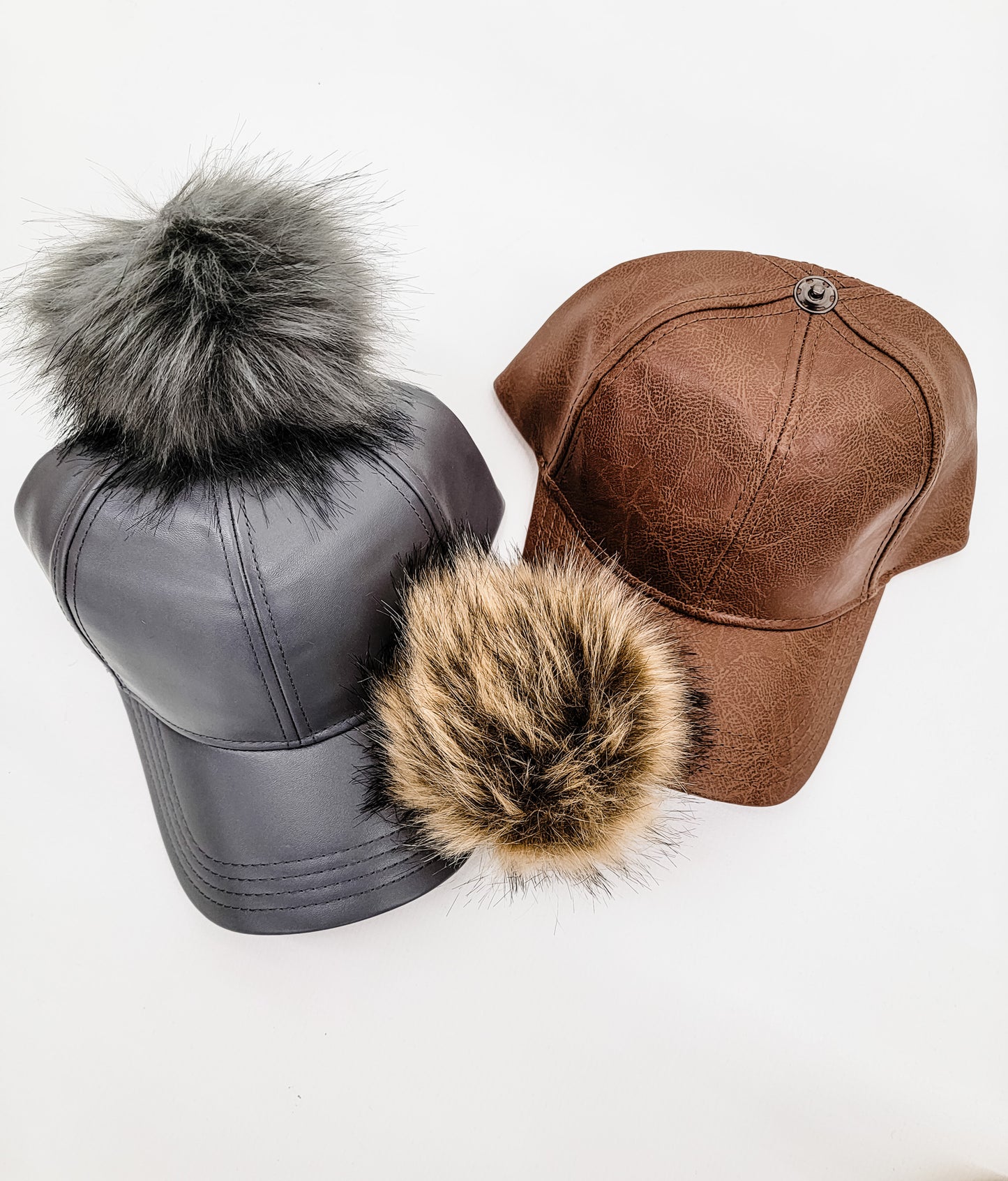 C.C. Faux Leather Fur Pom Ball Cap - Variety
