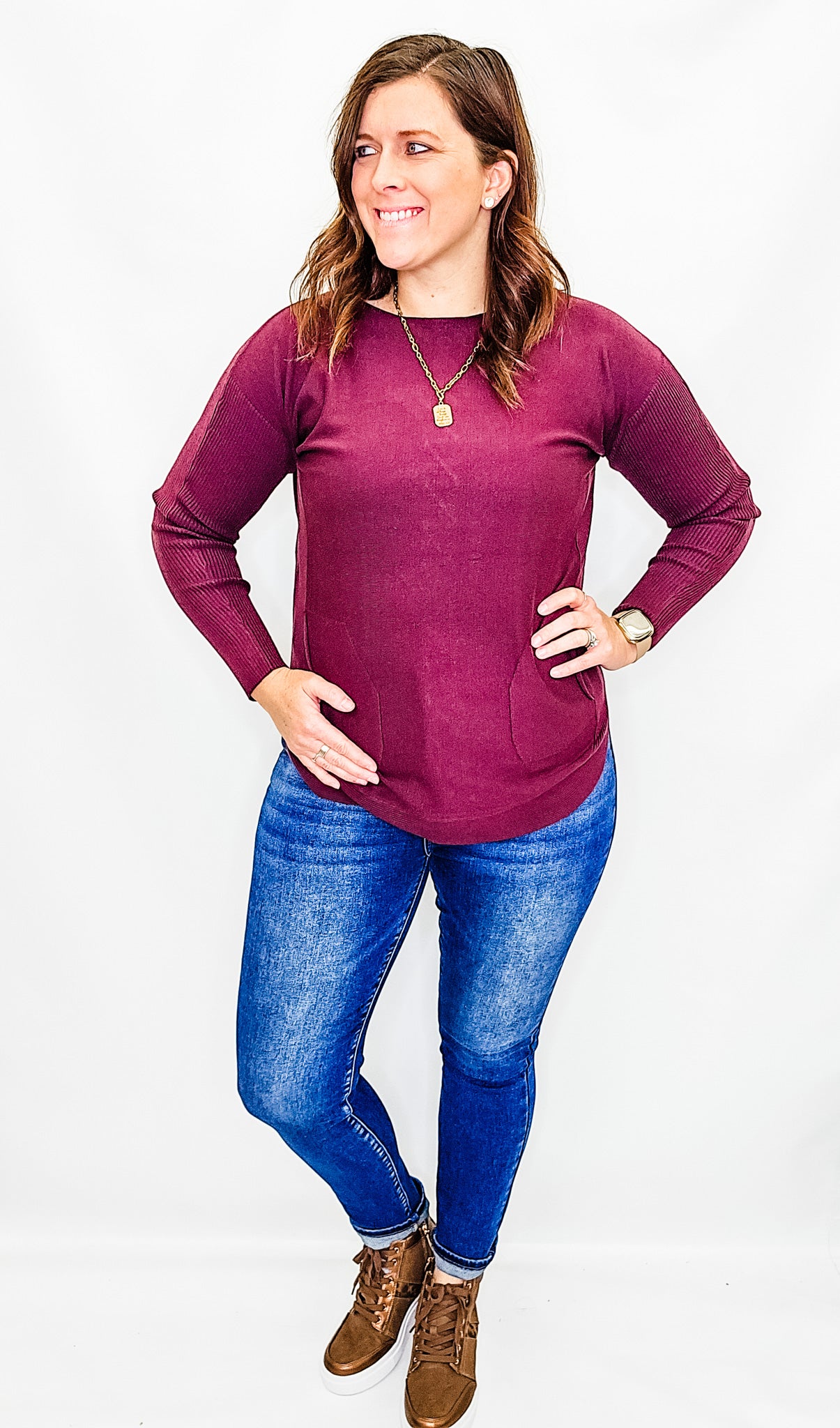 Charlie B Port Wine Sweater with Eyelet Back