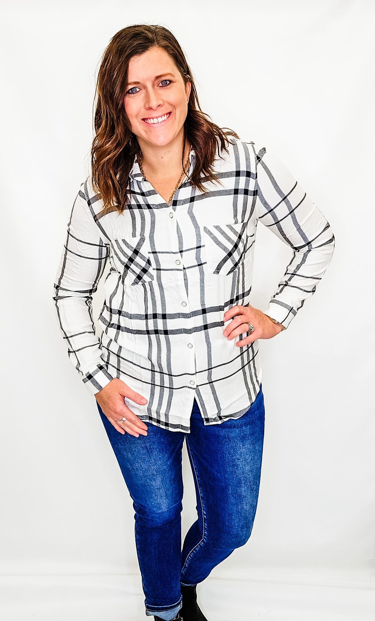 Charlie B Ecru Cream & Black Plaid Top