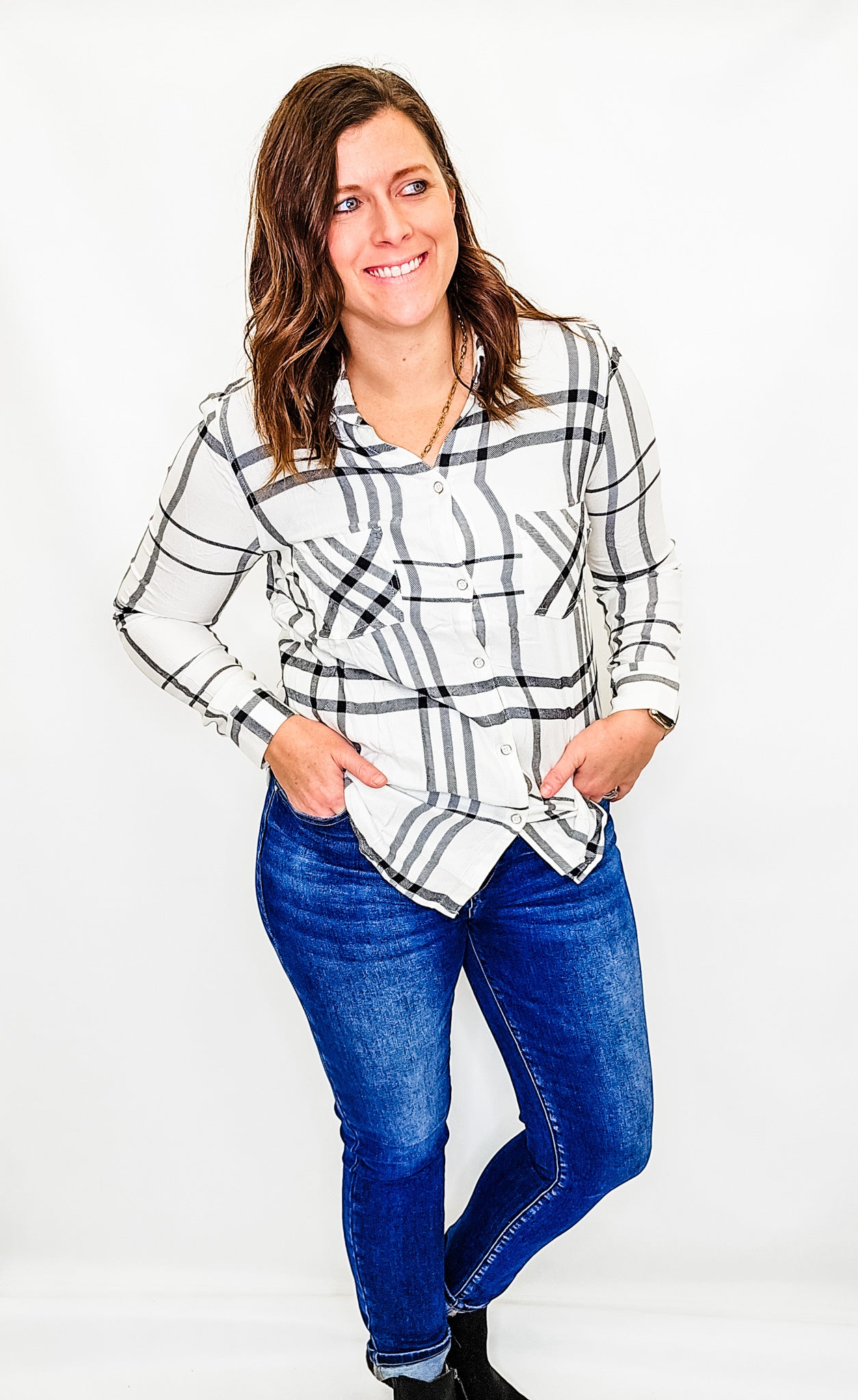 Charlie B Ecru Cream & Black Plaid Top