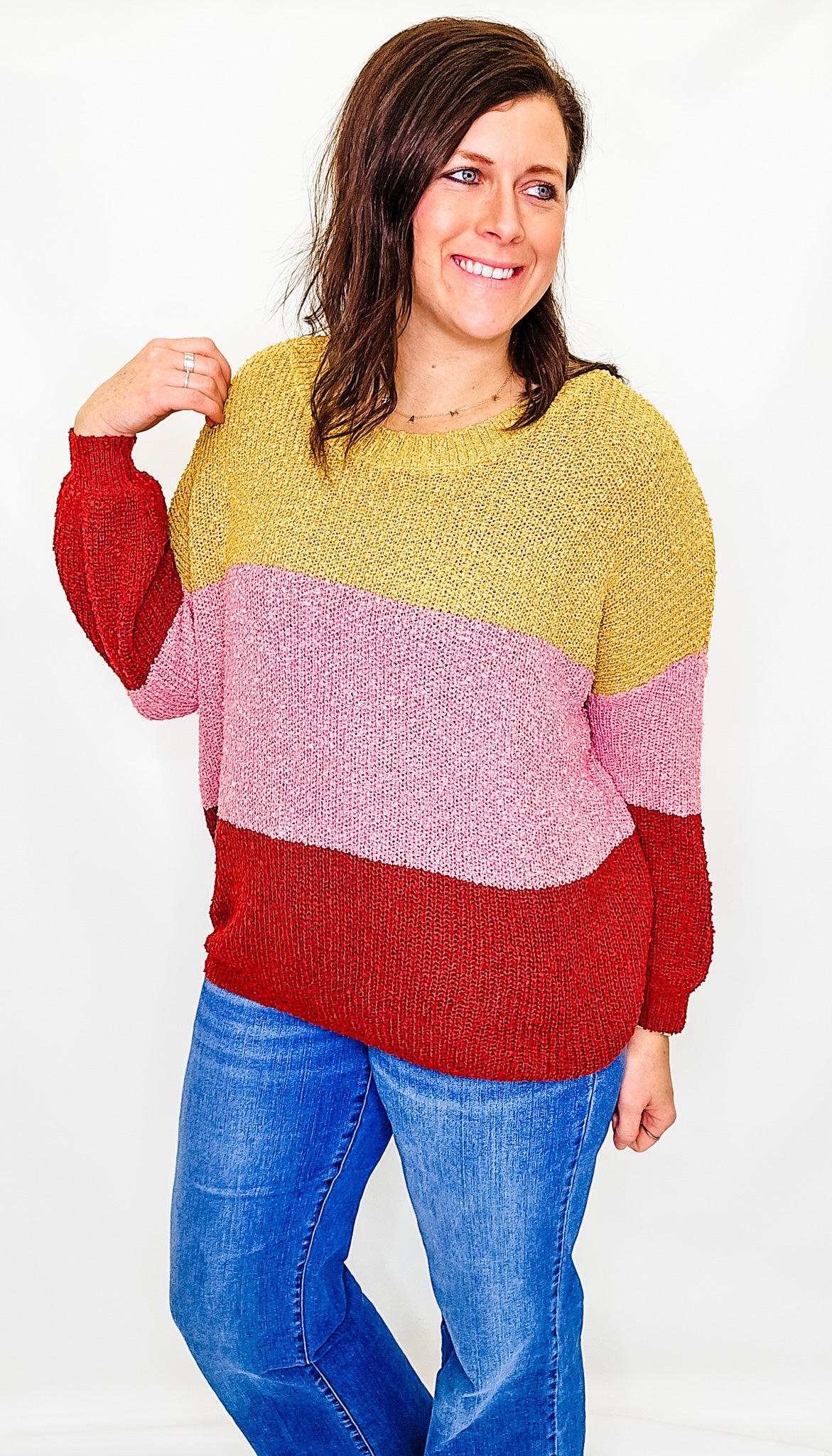 Mustard, Pink & Wine Color Block Sweater