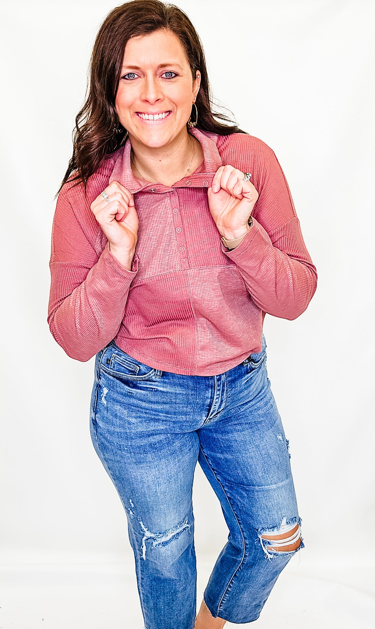 Mock Neck Ribbed Henley Long Sleeve - Variety