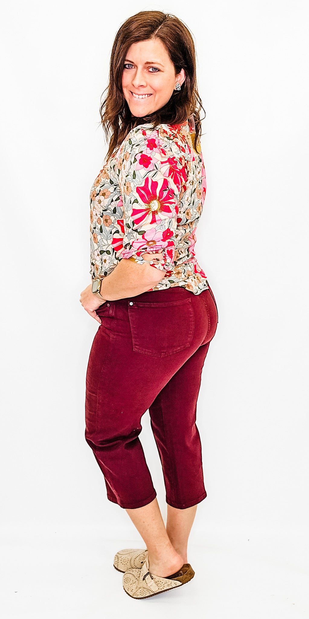 Pink Floral Print Ruffled Blouse