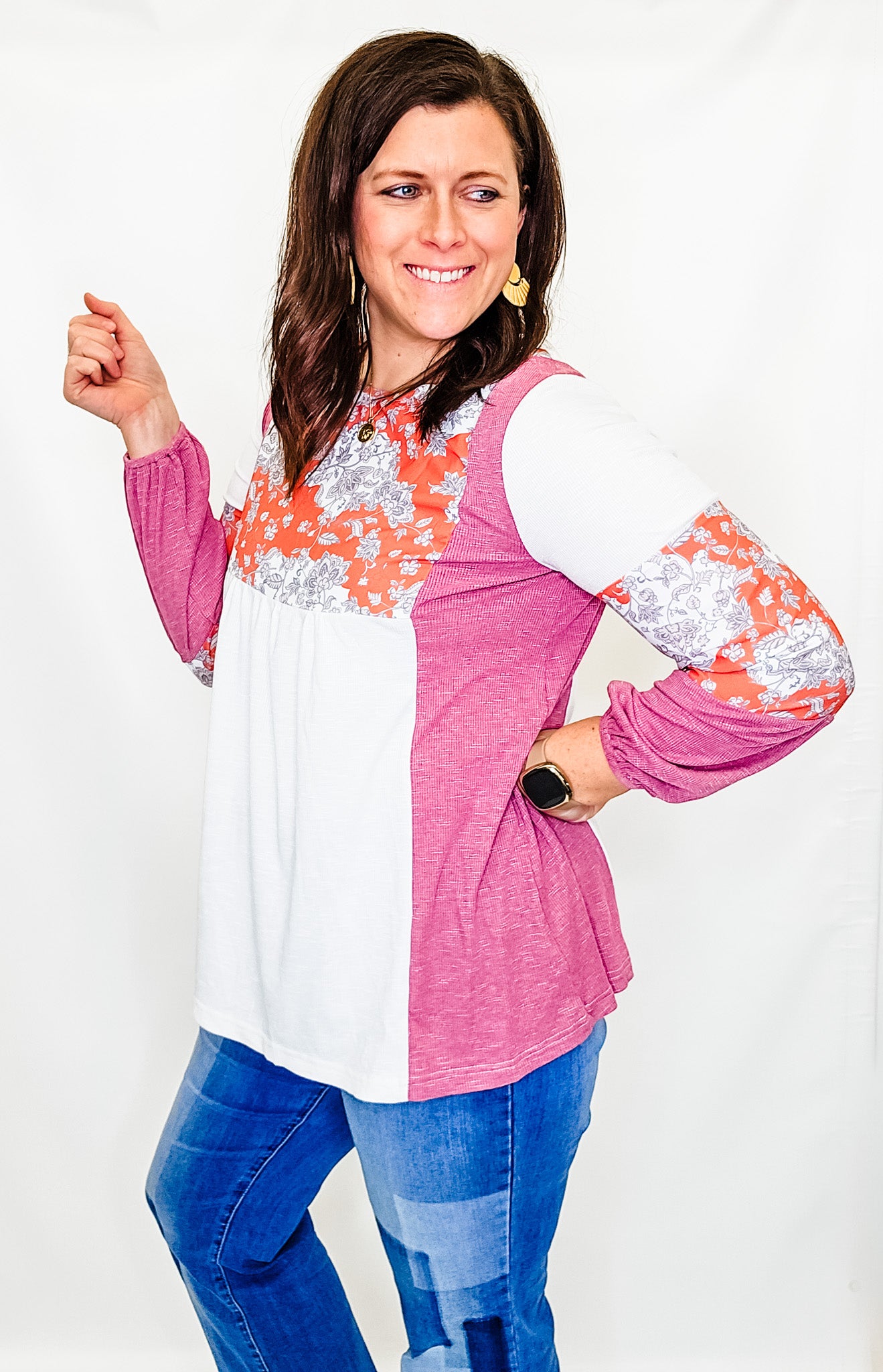 Coral, Floral & White Long Sleeve