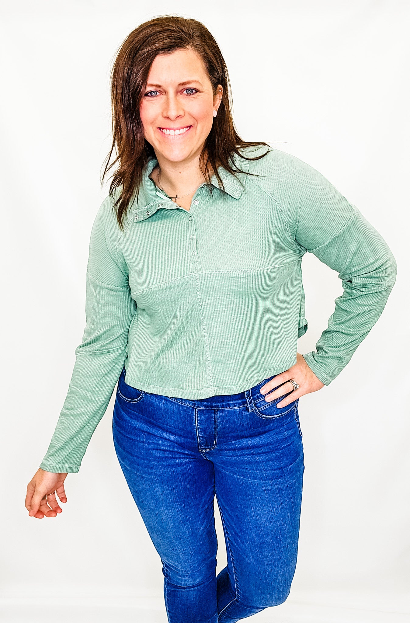 Mock Neck Ribbed Henley Long Sleeve - Variety