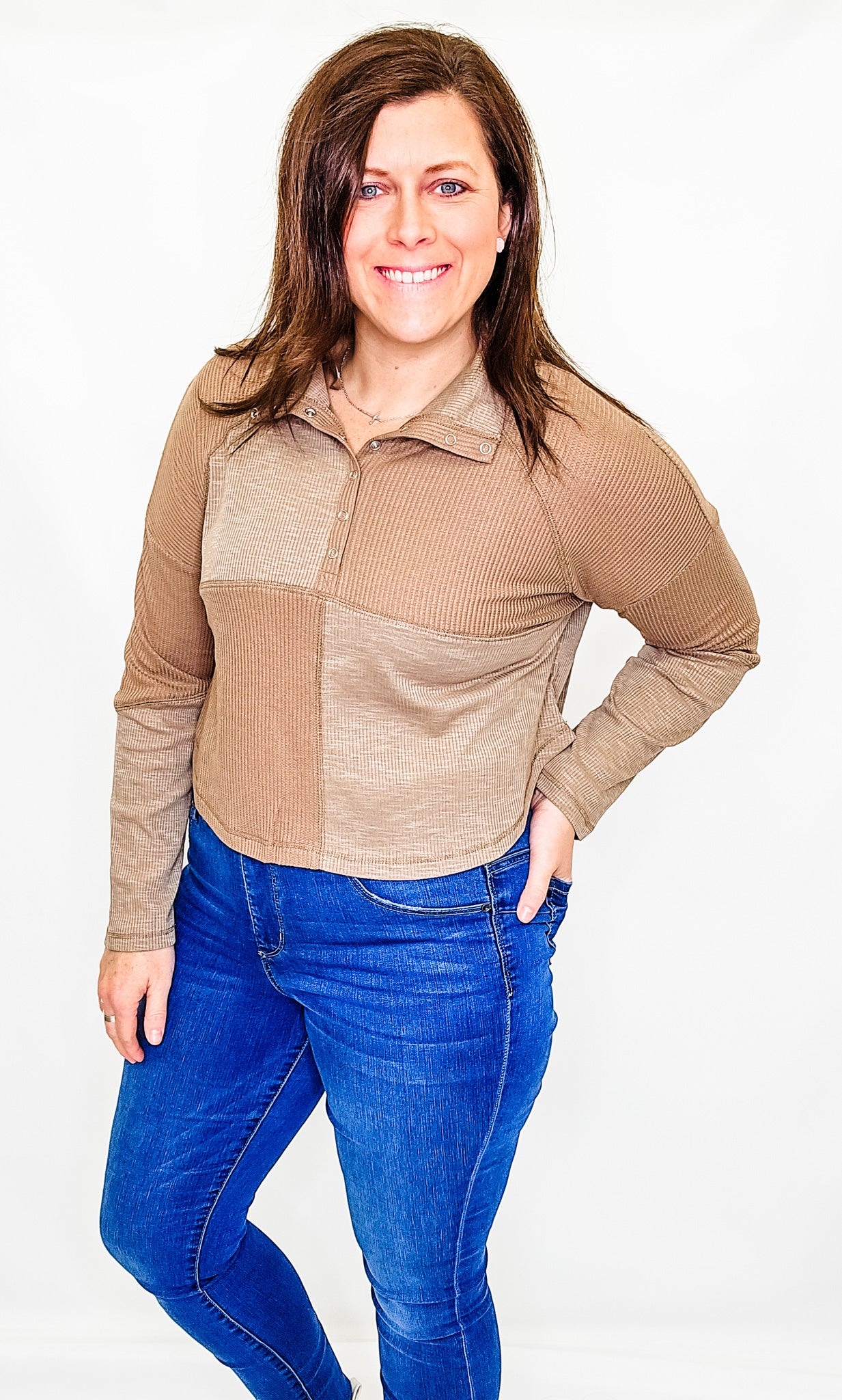 Mock Neck Ribbed Henley Long Sleeve - Variety