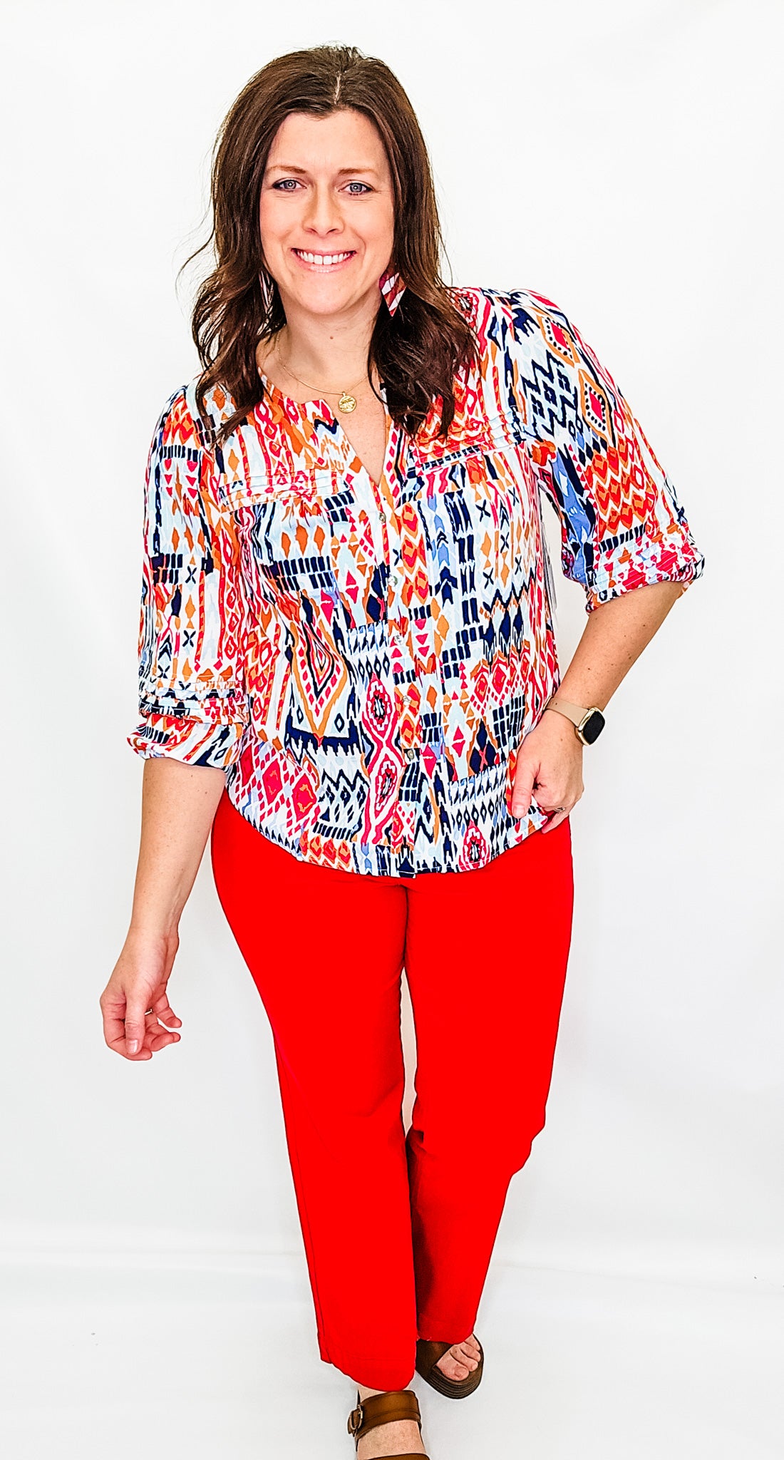 Tribal Jet Blue Pattern Button Front Blouse