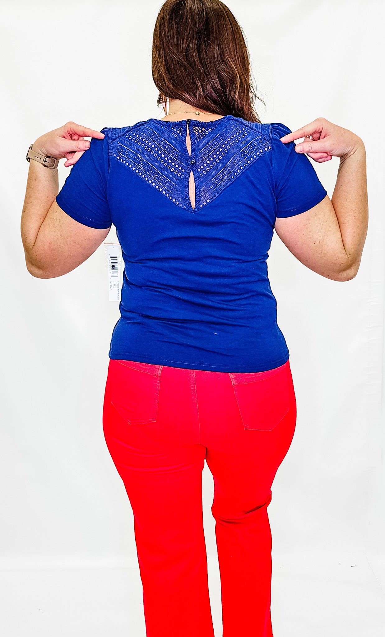 Tribal Jet Blue V-Neck Lace Detail Short Sleeve
