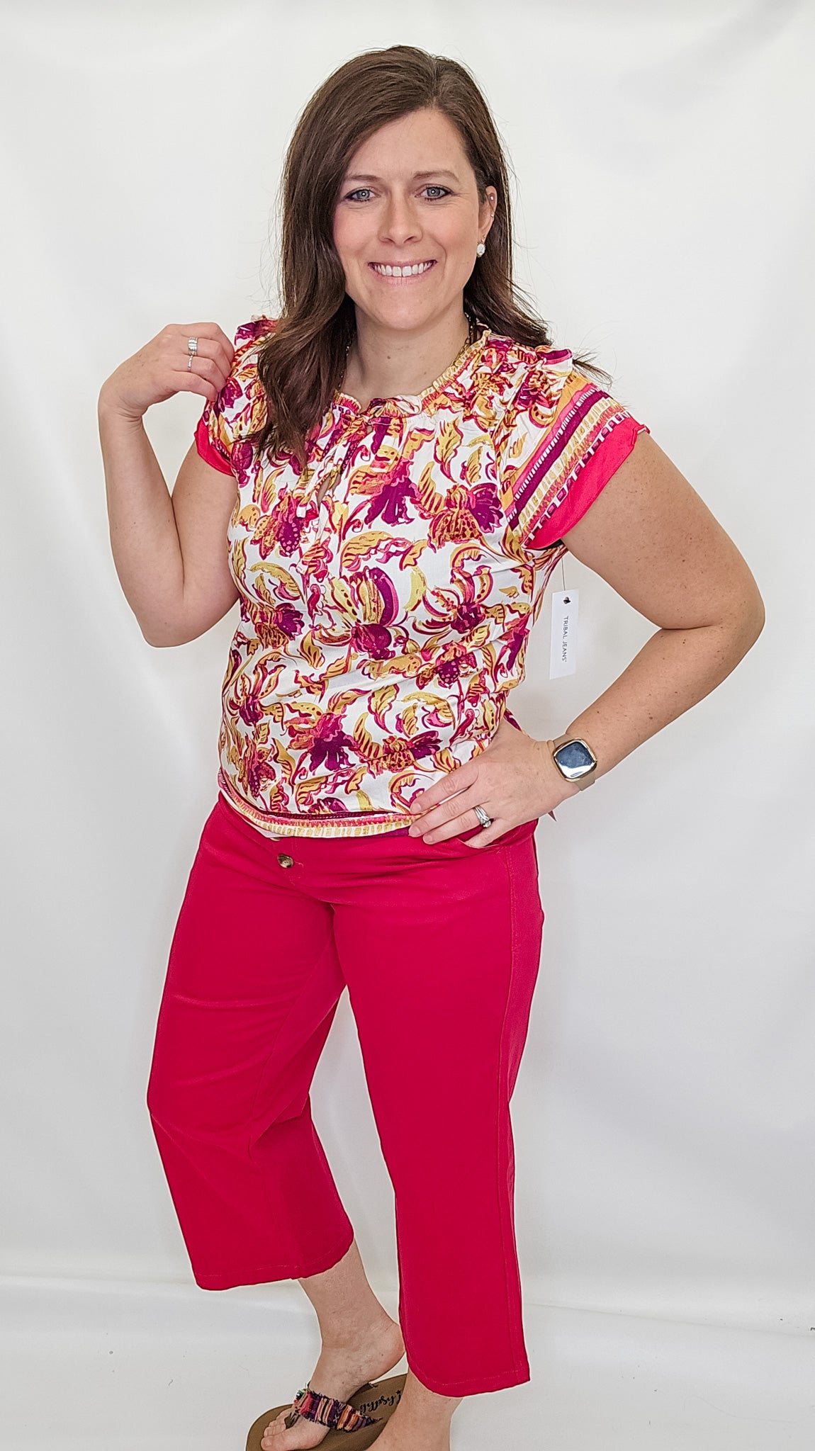 Tribal Jeans Limoncello Pink Border Print Blouse