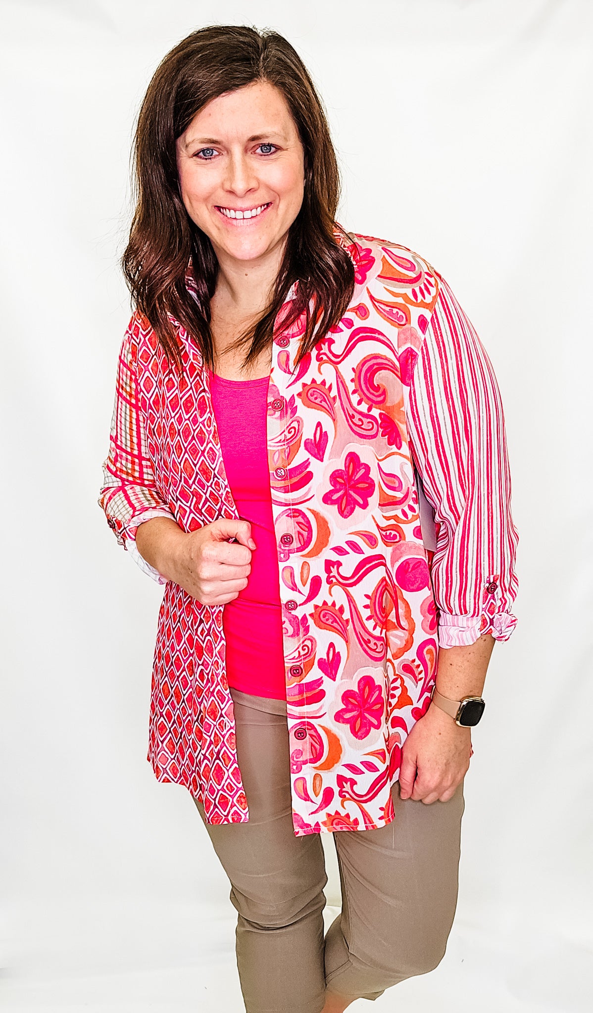 Multiples Bright Pink & Stone Button Front Shirt