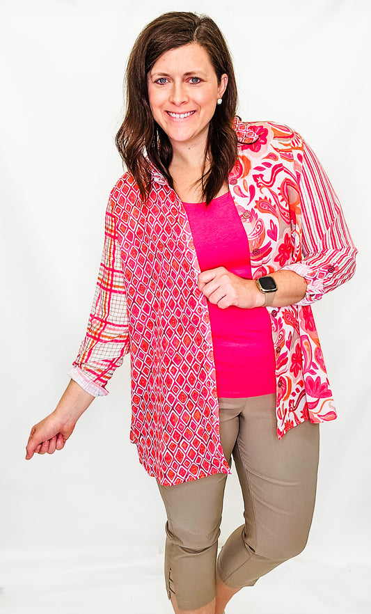 Multiples Bright Pink & Stone Button Front Shirt