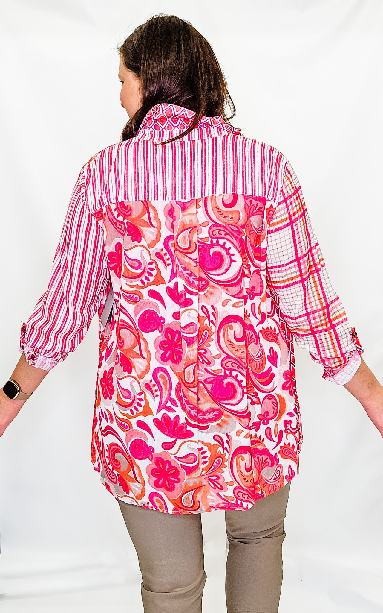 Multiples Bright Pink & Stone Button Front Shirt
