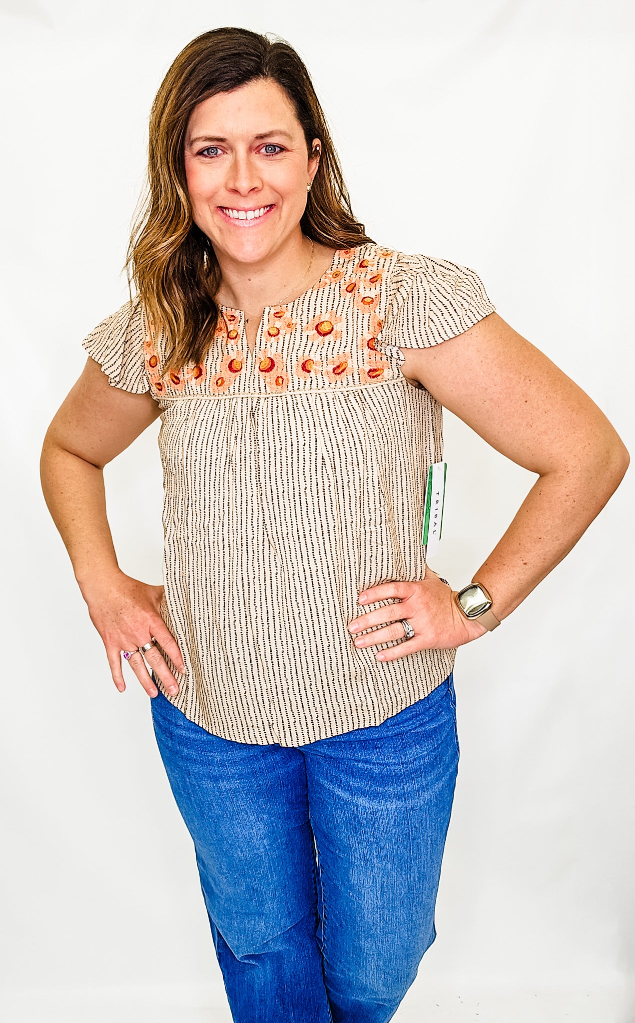 Tribal Linen Floral Flutter Sleeve Blouse