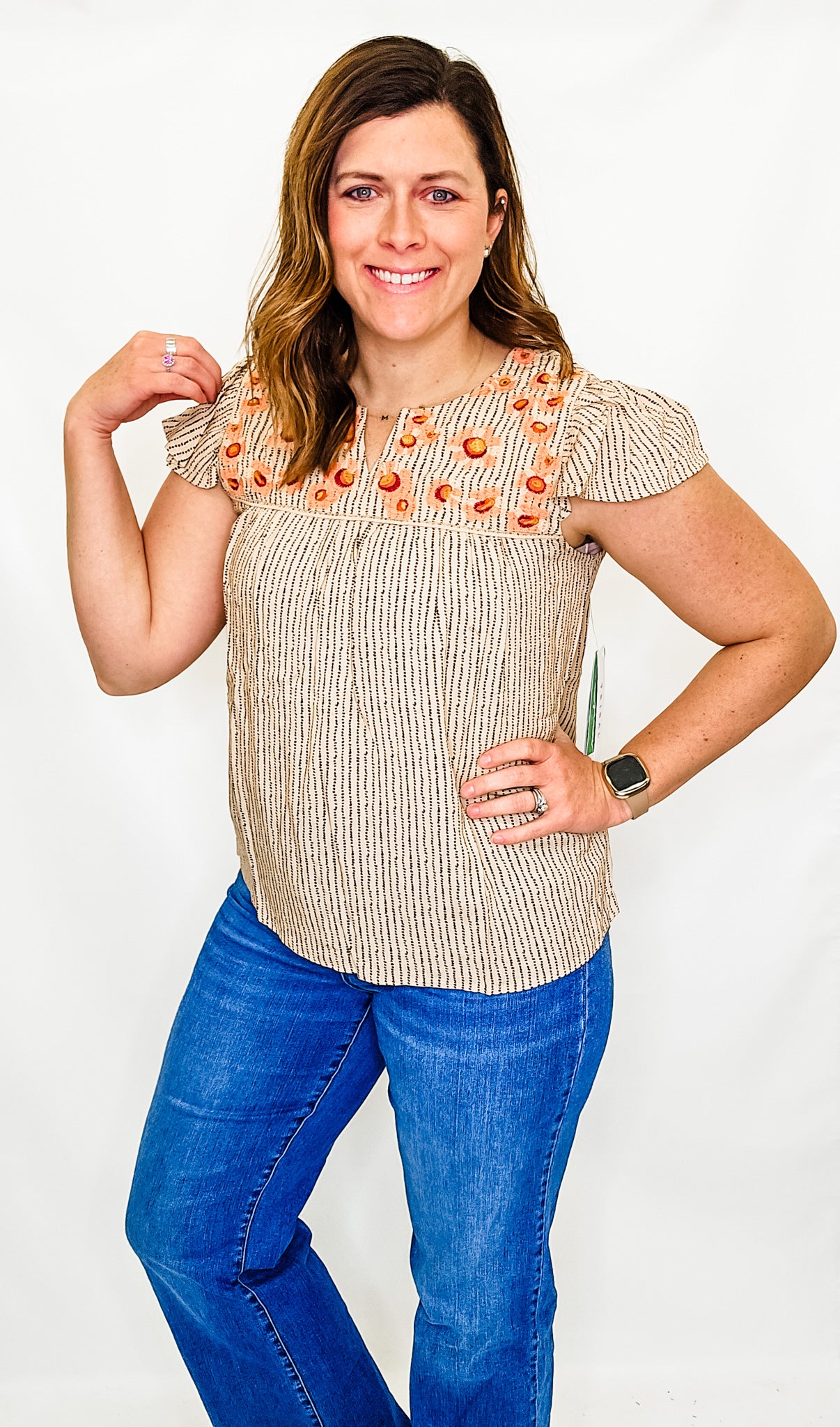 Tribal Linen Floral Flutter Sleeve Blouse
