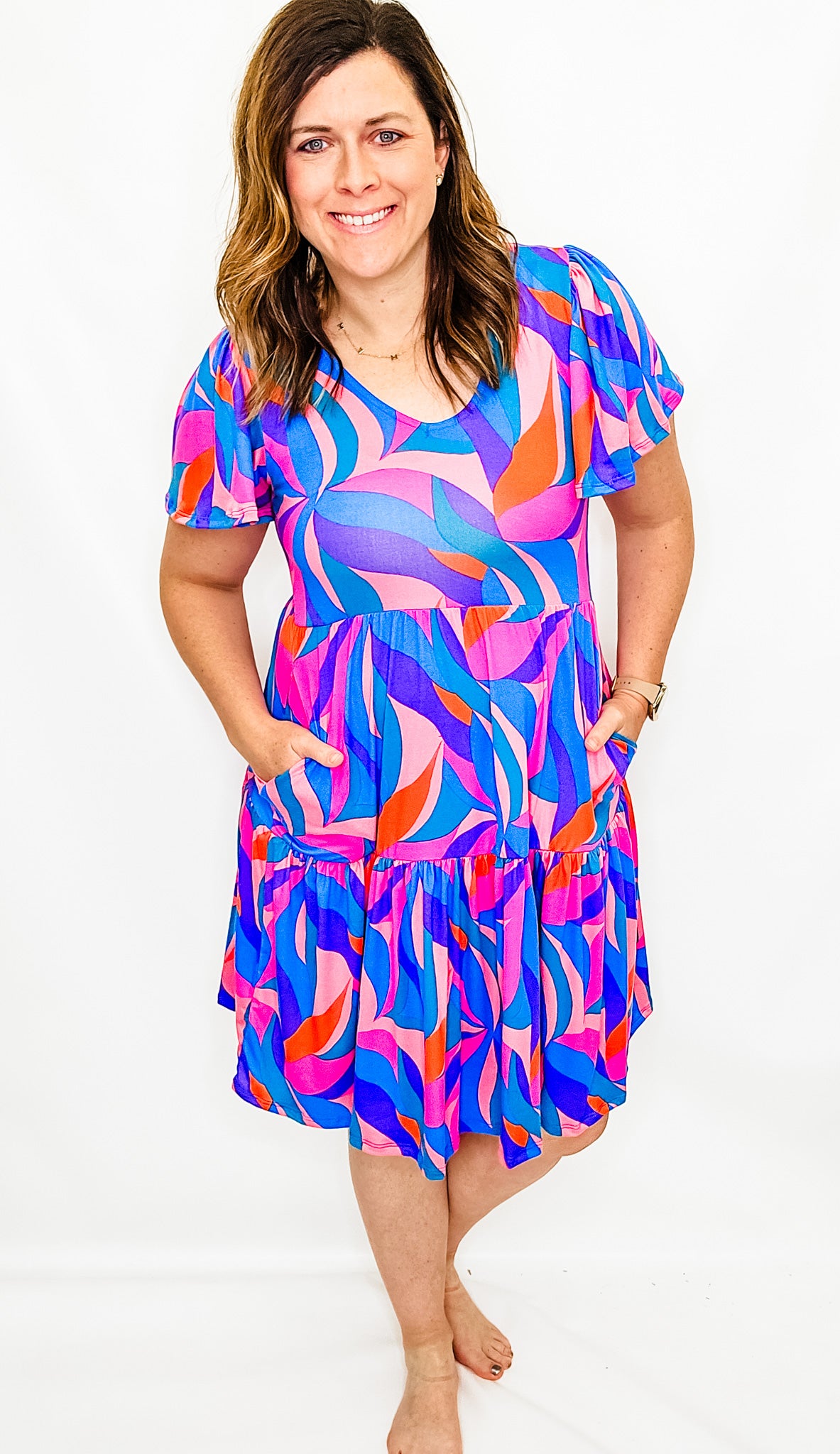 Blue & Pink V-Neck Flutter Sleeve Dress