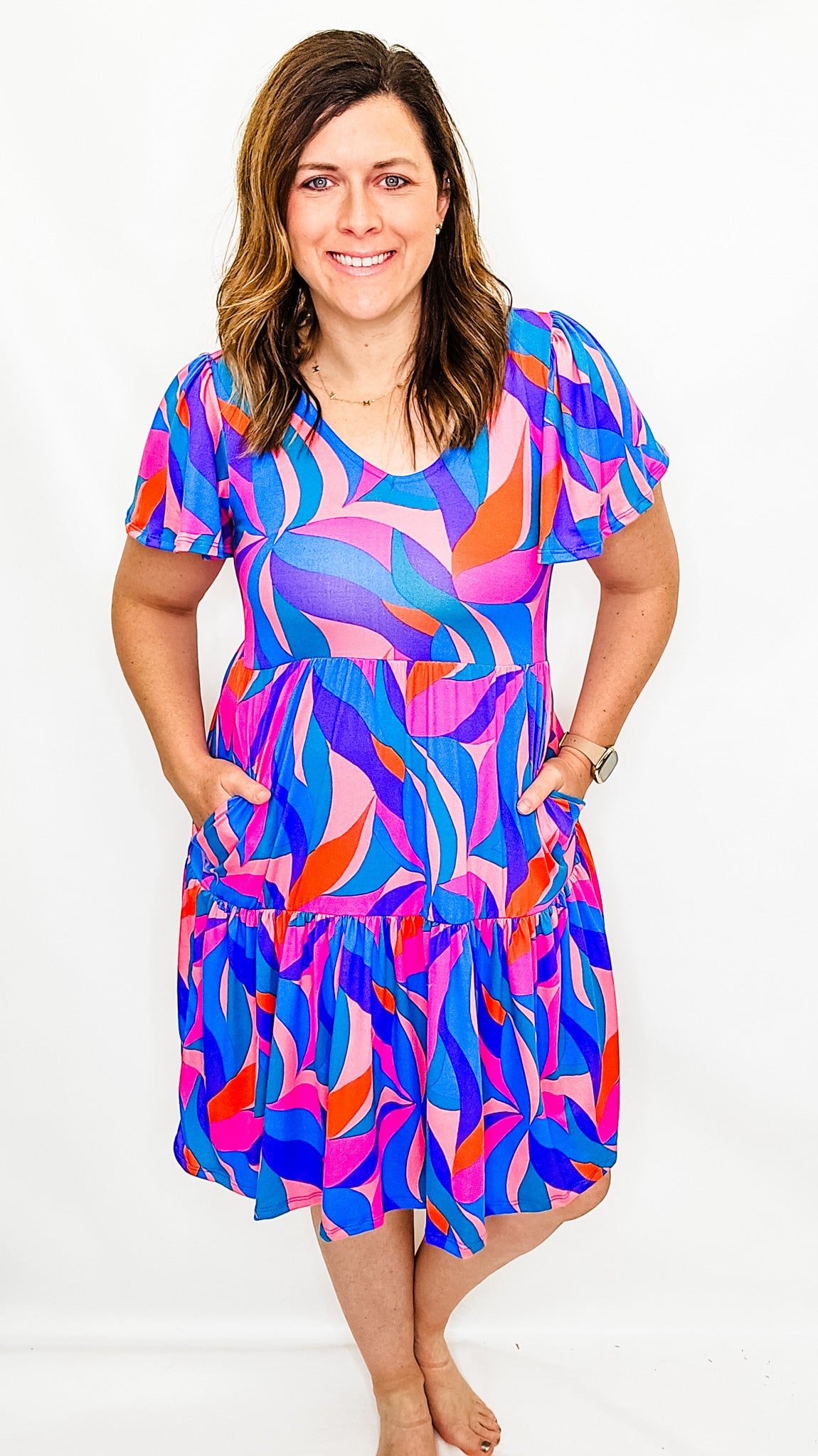 Blue & Pink V-Neck Flutter Sleeve Dress