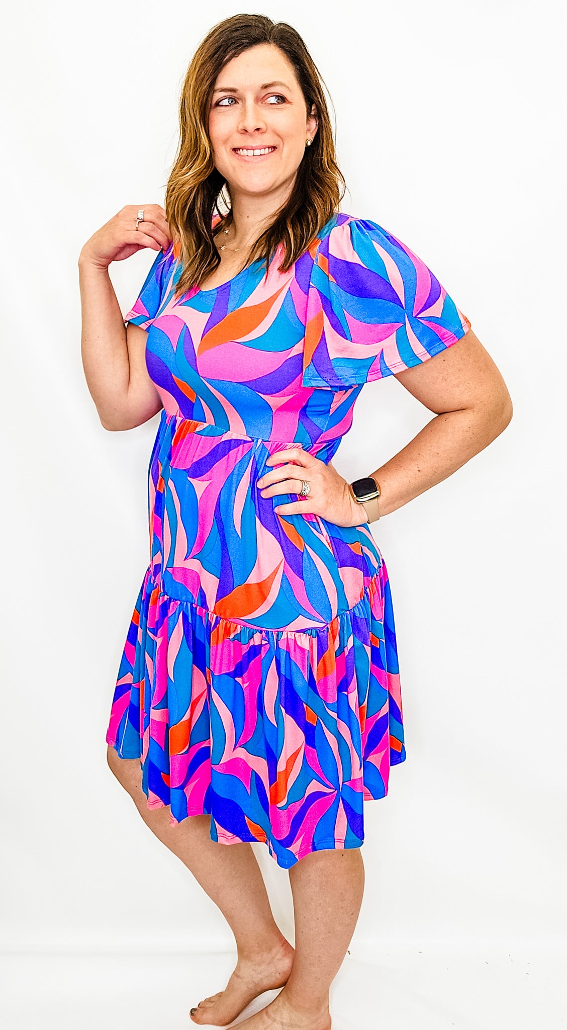 Blue & Pink V-Neck Flutter Sleeve Dress