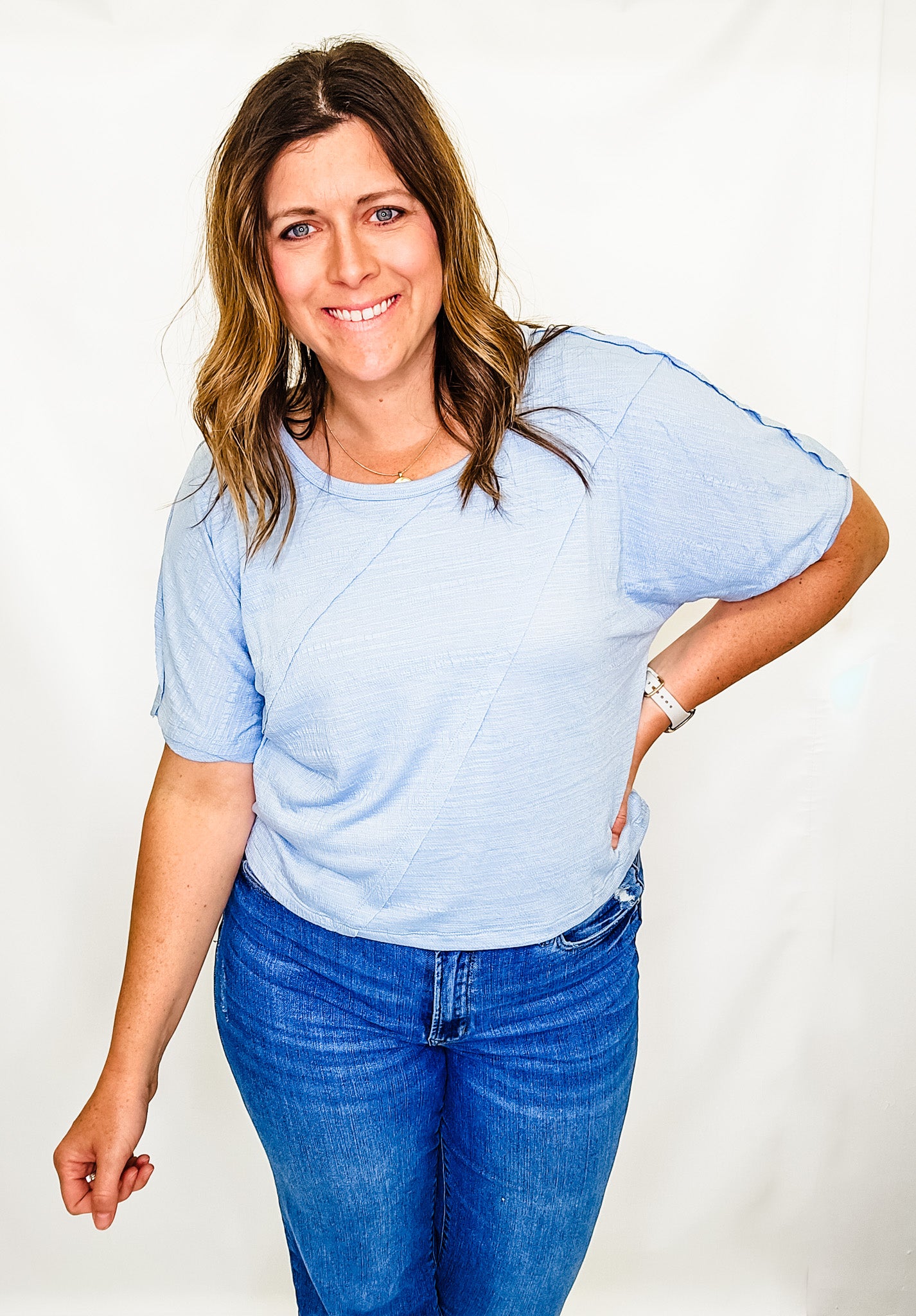 Solid, Reverse Seam Front Short Sleeve Top - Variety